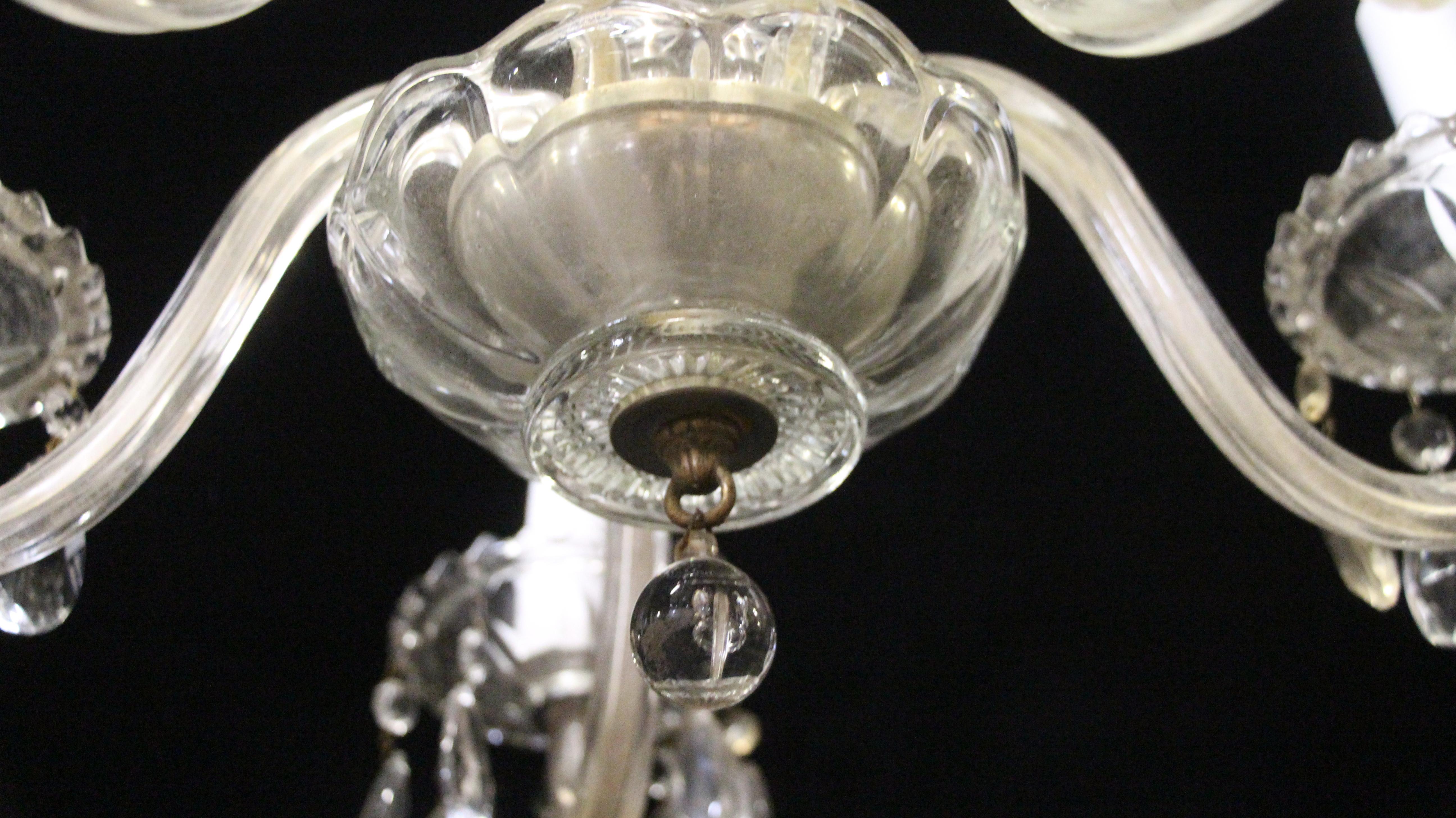 1940s Etched Glass 5 Light Crystal Chandelier w/ Pressed Bobeches In Good Condition In New York, NY