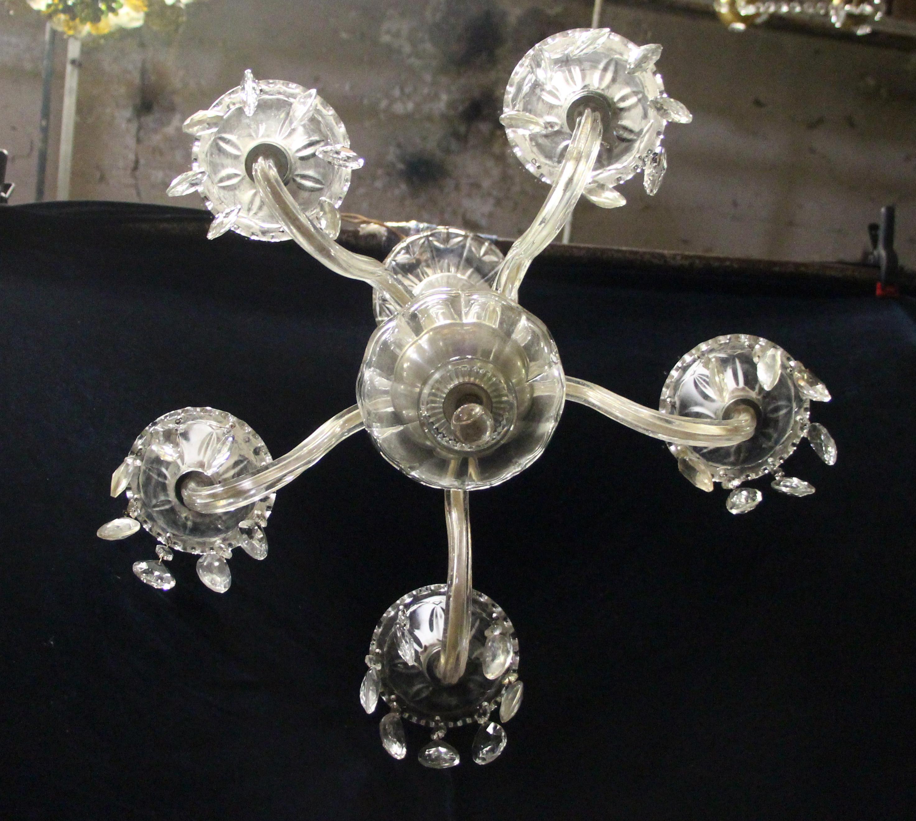 Mid-20th Century 1940s Etched Glass 5 Light Crystal Chandelier w/ Pressed Bobeches