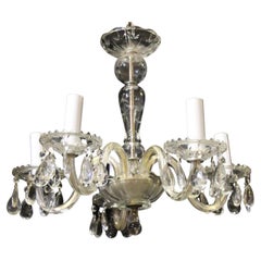 1940s Etched Glass 5 Light Crystal Chandelier w/ Pressed Bobeches