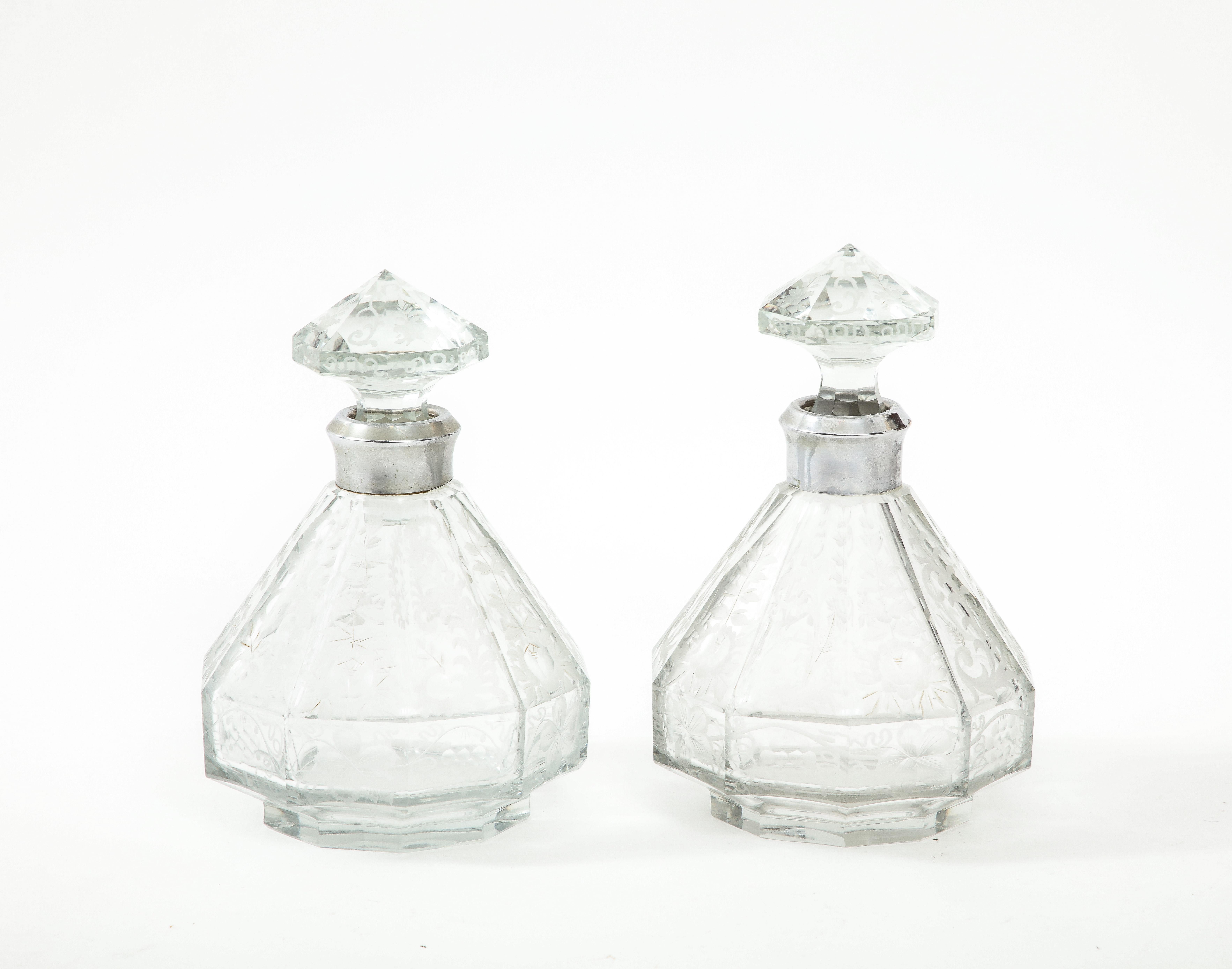 Art Deco 1940's Etched Glass Decanters With Stoppers For Sale