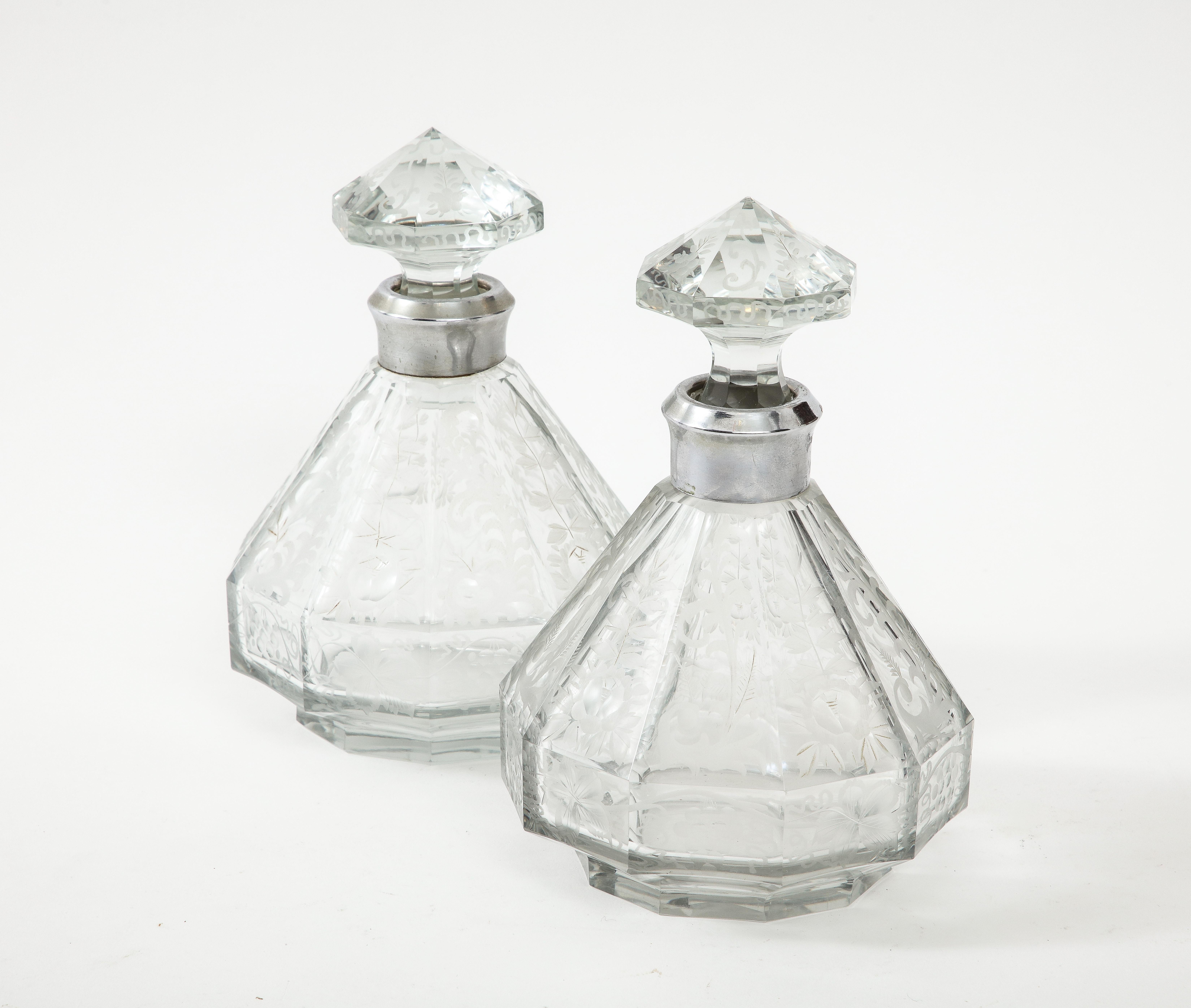 American 1940's Etched Glass Decanters With Stoppers For Sale