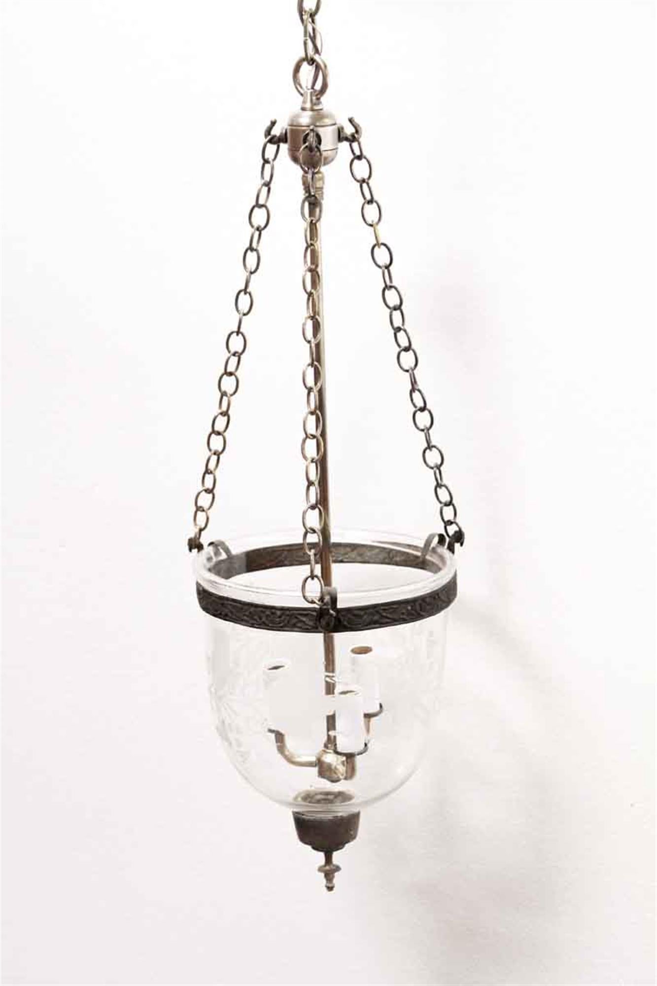 1940s Etched Hand Blown Crystal Bell Jar Pendant with Brass Hardware & 3 Lights In Good Condition In New York, NY