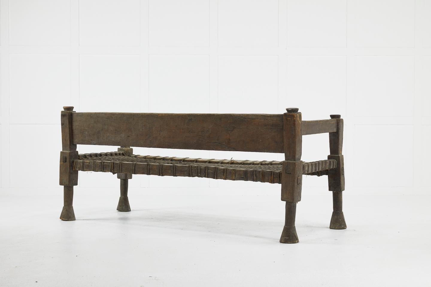1940s Ethiopian Bench with Woven Leather Seat In Good Condition In Husbands Bosworth, Leicestershire