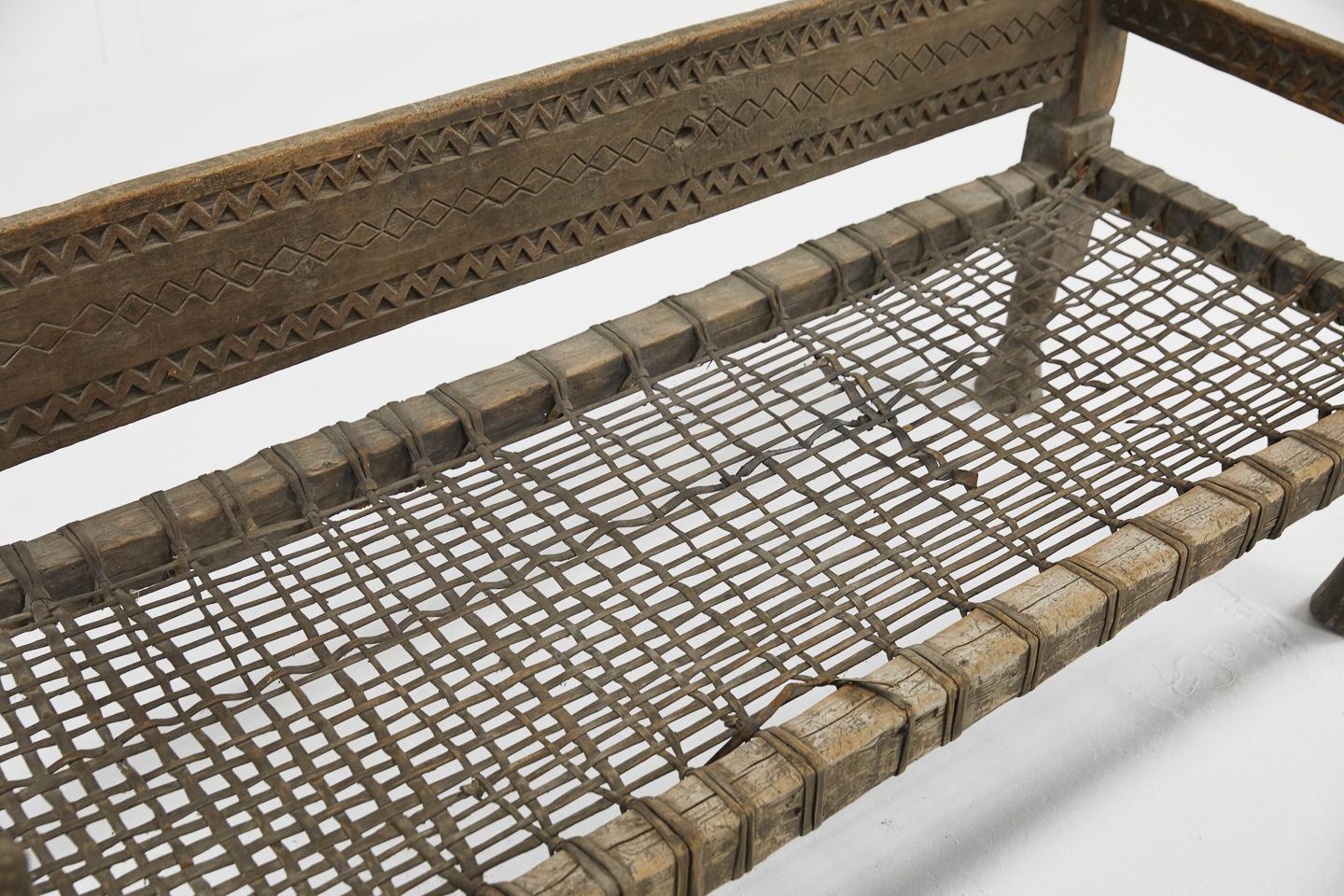 1940s Ethiopian Bench with Woven Leather Seat 5