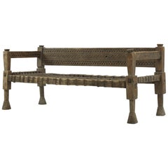 1940s Ethiopian Bench with Woven Leather Seat