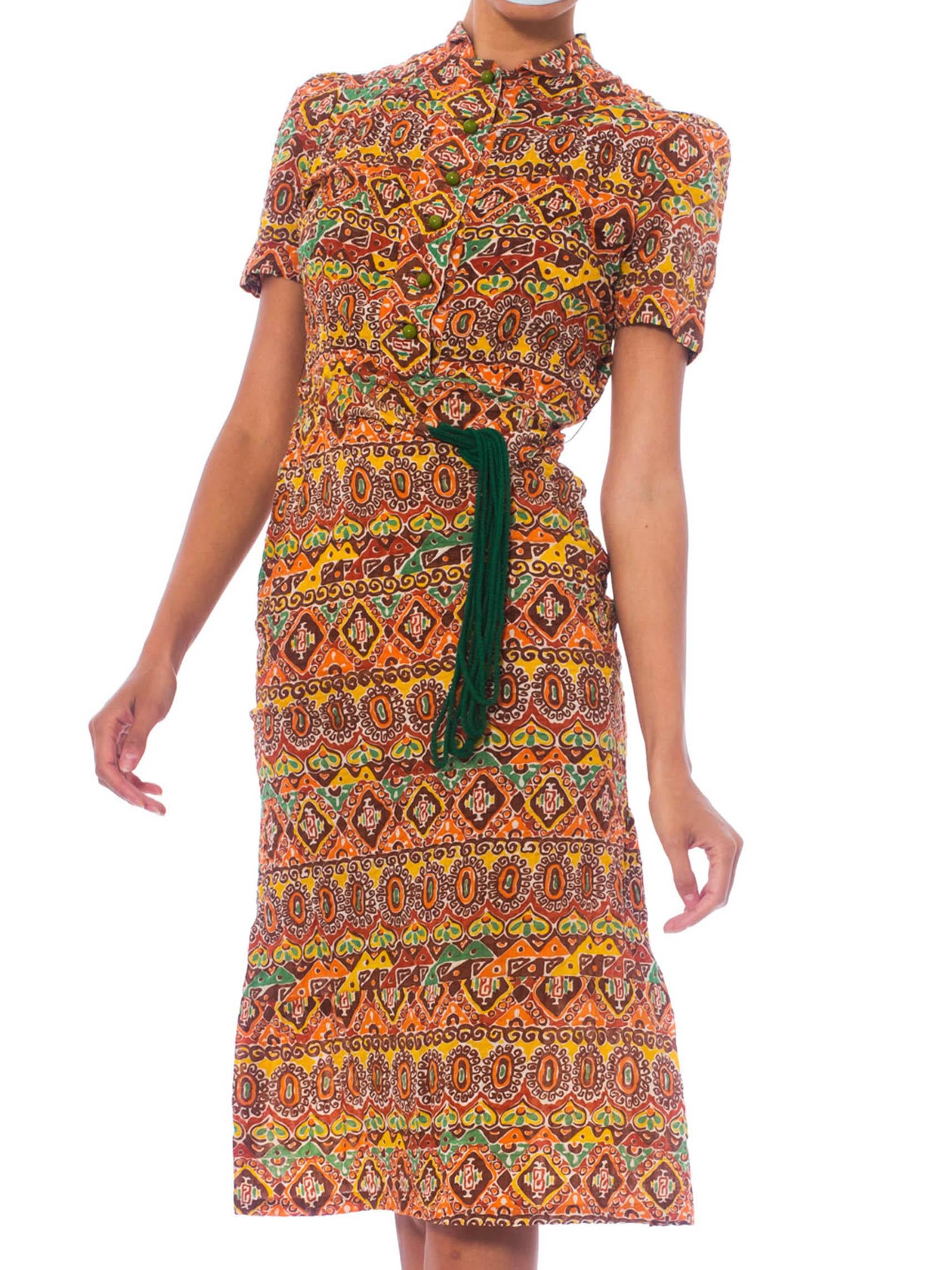 1940S Ethnic Medallion Printed Cotton Seersucker Button Front Dress With Tie Belt