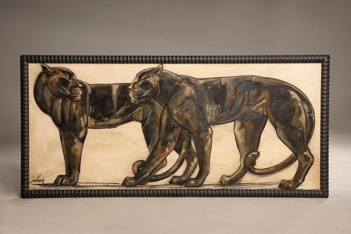 Painting of panthers from the 1940s. Done in oil on panel technique. The work also features a coeval frame.
The painting is signed by the painter Etiennette JOHAN
Measures 187x4,5 x 87 h

Price INCLUDES the costs for any packaging and crates needed