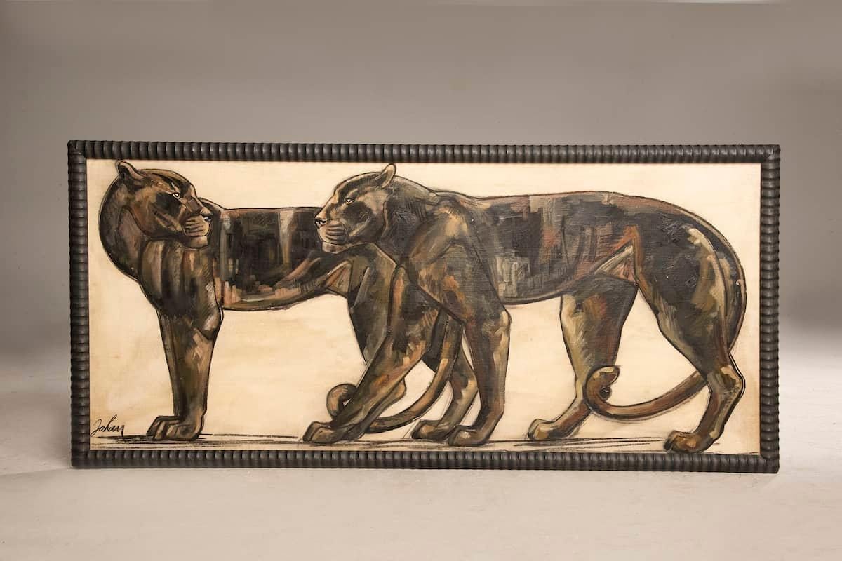 Art Deco 1940s Etiennette Johan Panthers Painting With Coeval Frame