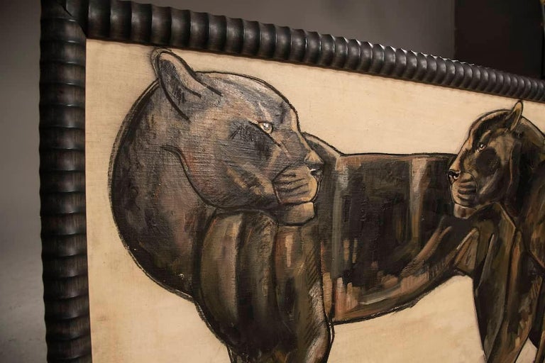 Lithographie Panthères Signée Anita De Harde, Encadrée Bois Style Colonial