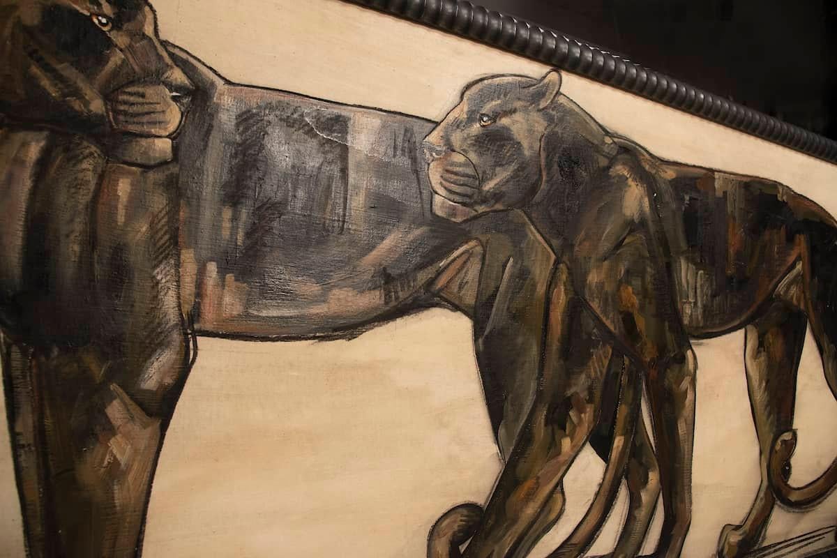 Wood 1940s Etiennette Johan Panthers Painting With Coeval Frame