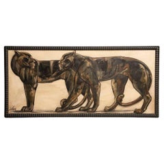 1940s Etiennette Johan Panthers Painting With Coeval Frame