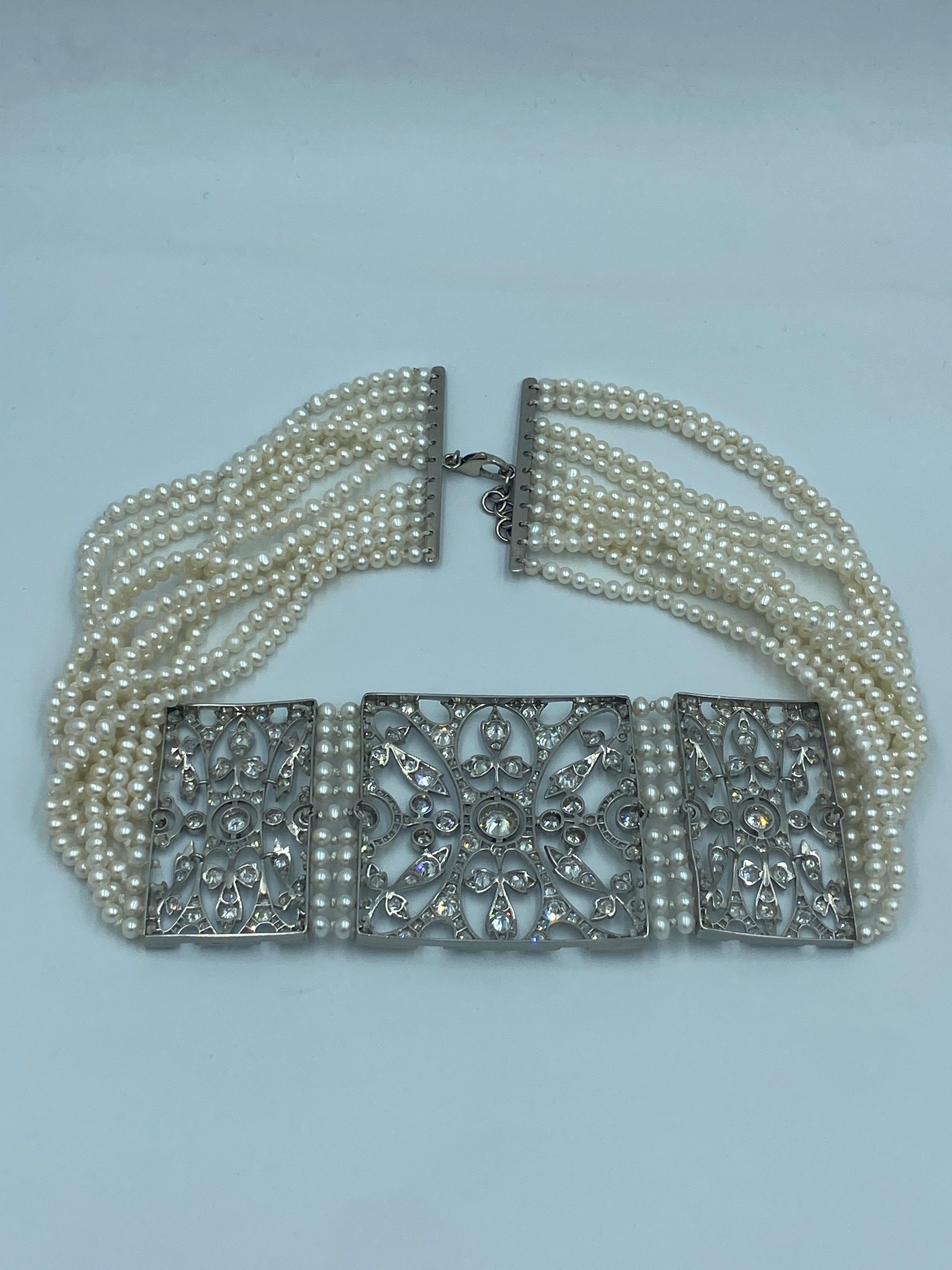Europäisches Halsband mit Diamanten und Perlen aus den 1940er Jahren (Alteuropäischer Schliff)