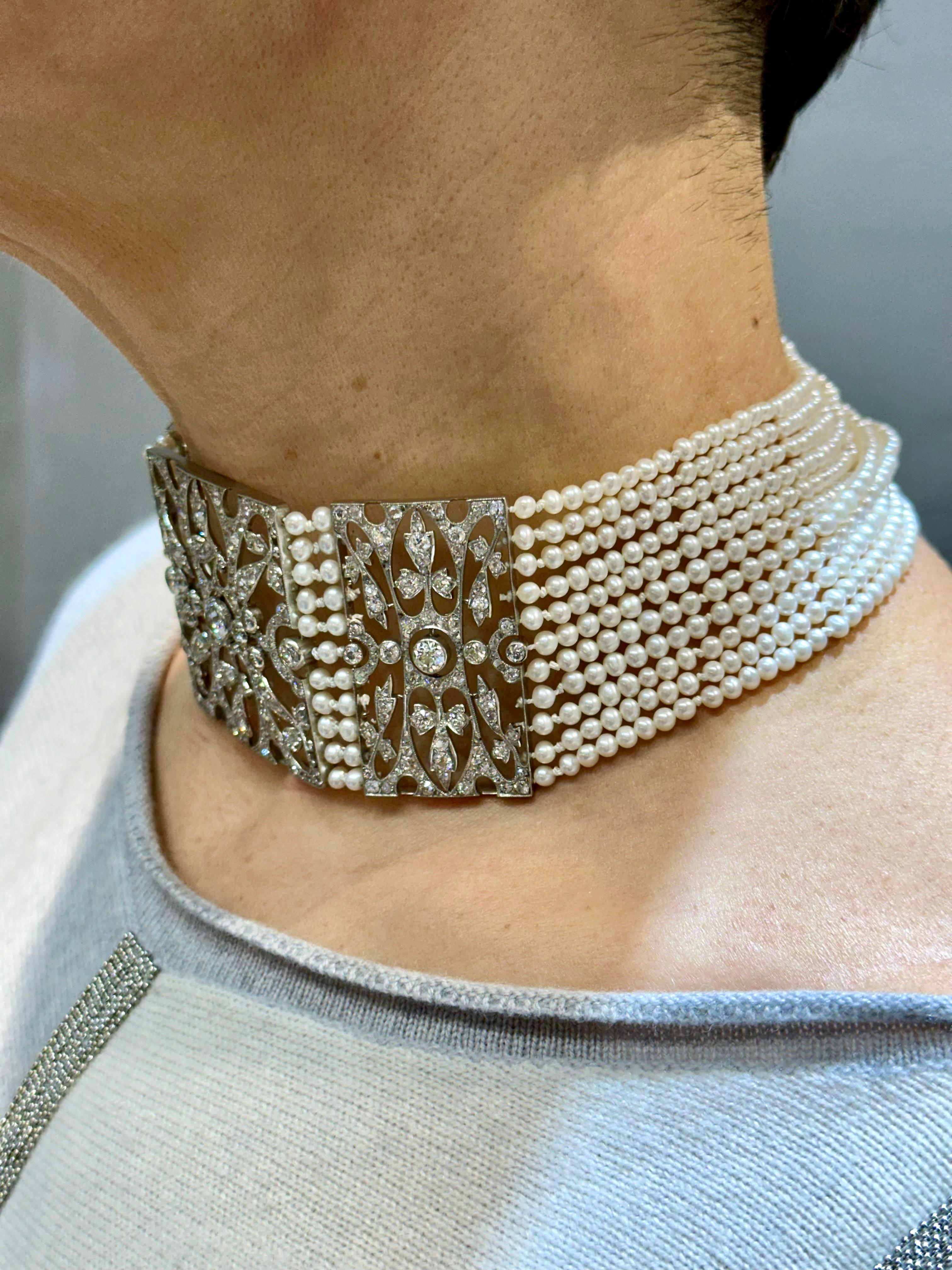 Europäisches Halsband mit Diamanten und Perlen aus den 1940er Jahren für Damen oder Herren