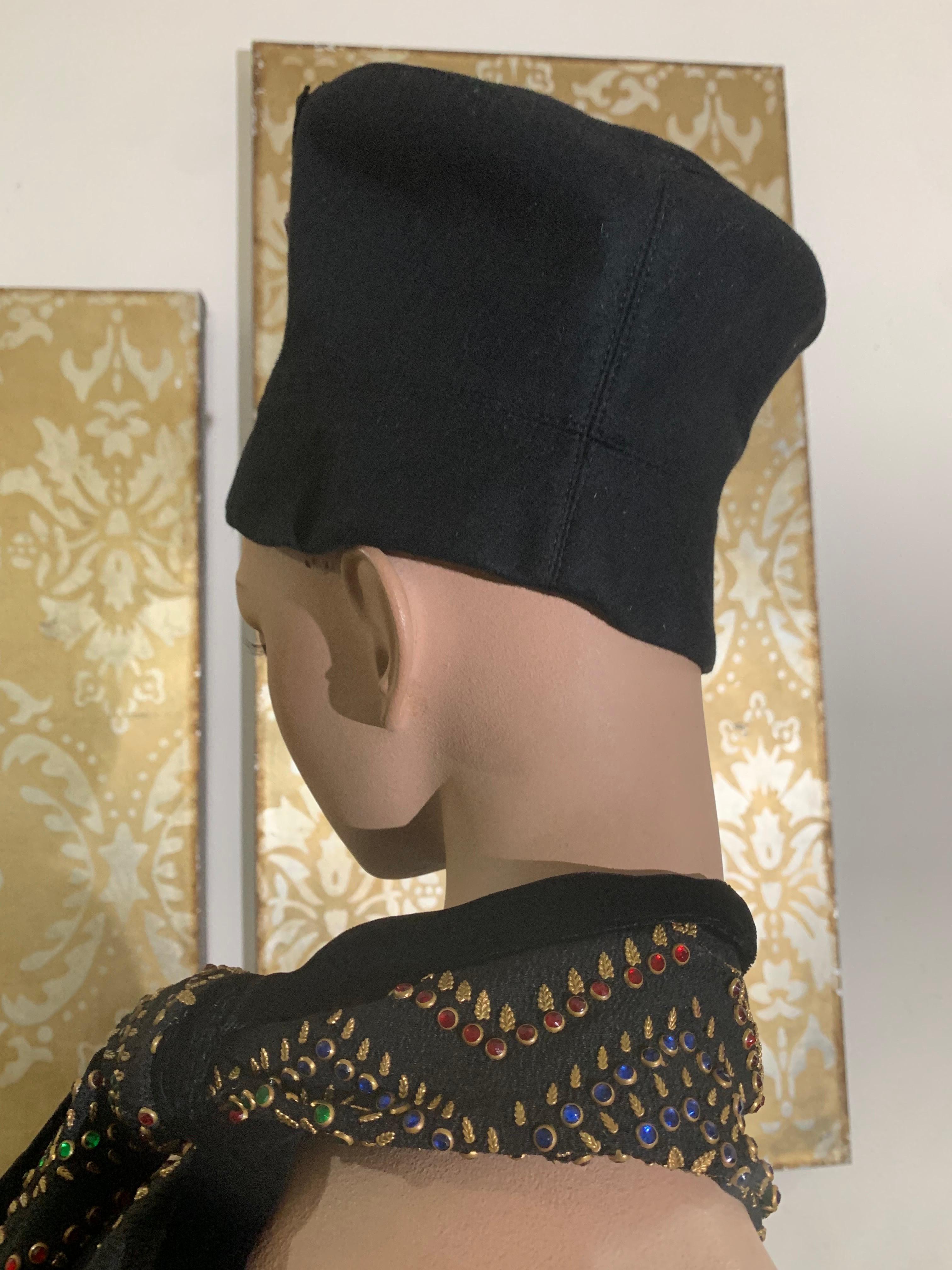 1940s Evelyn Varon Tall Black Toque-Style Hat & Scarf Set w Jeweled Detailing For Sale 6