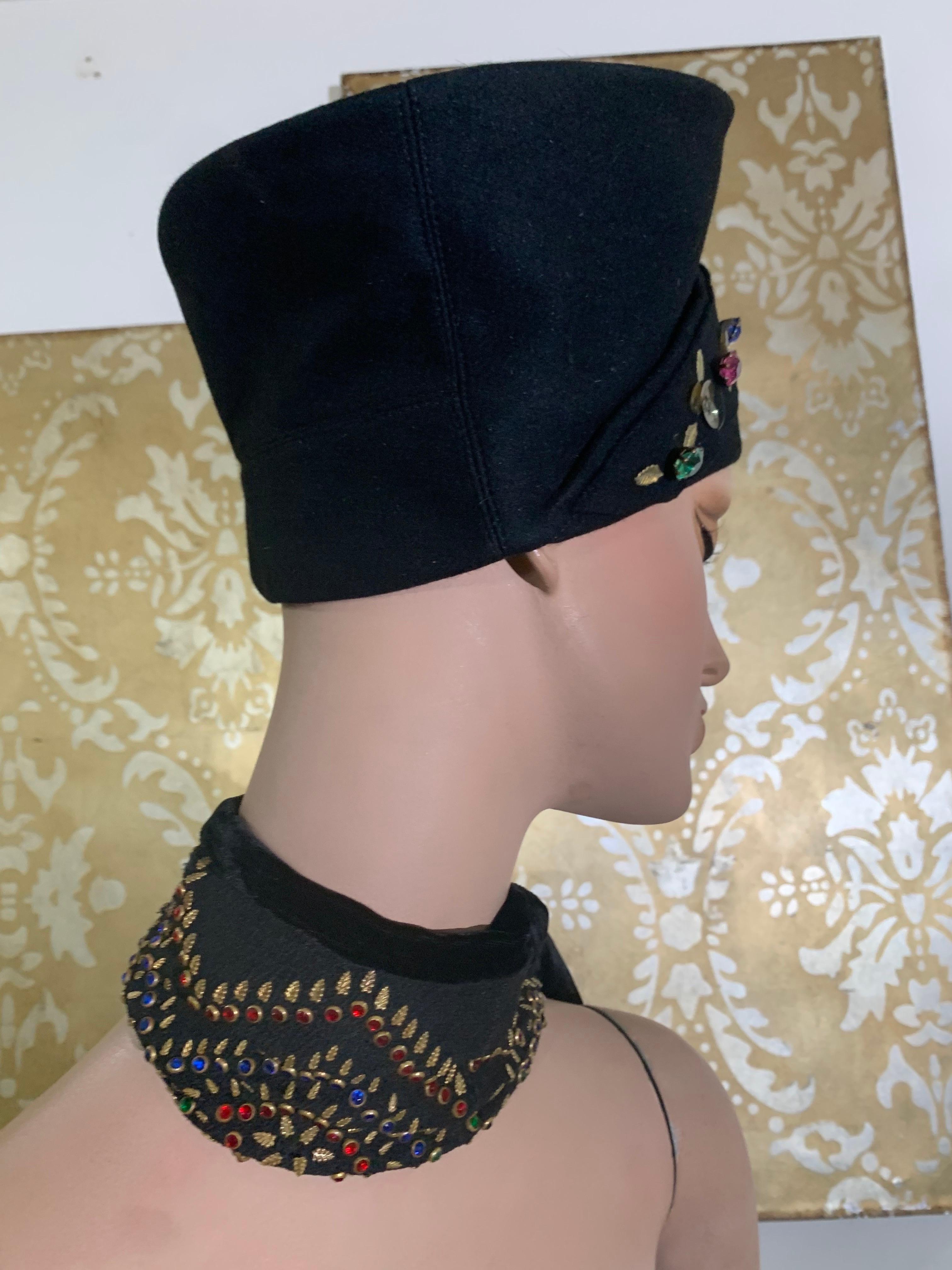 1940s Evelyn Varon Tall Black Toque-Style Hat & Scarf Set w Jeweled Detailing For Sale 7
