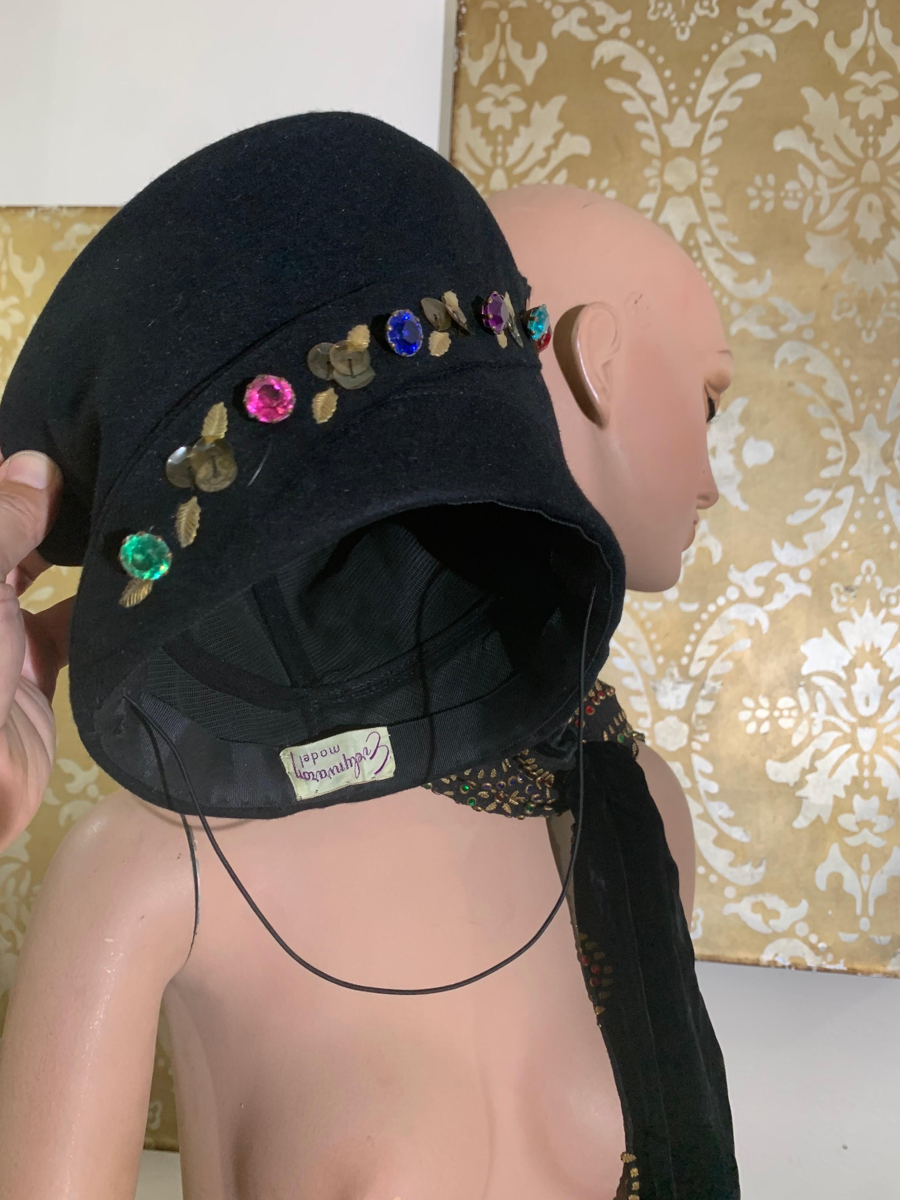 1940s Evelyn Varon Tall Black Toque-Style Hat & Scarf Set w Jeweled Detailing For Sale 8