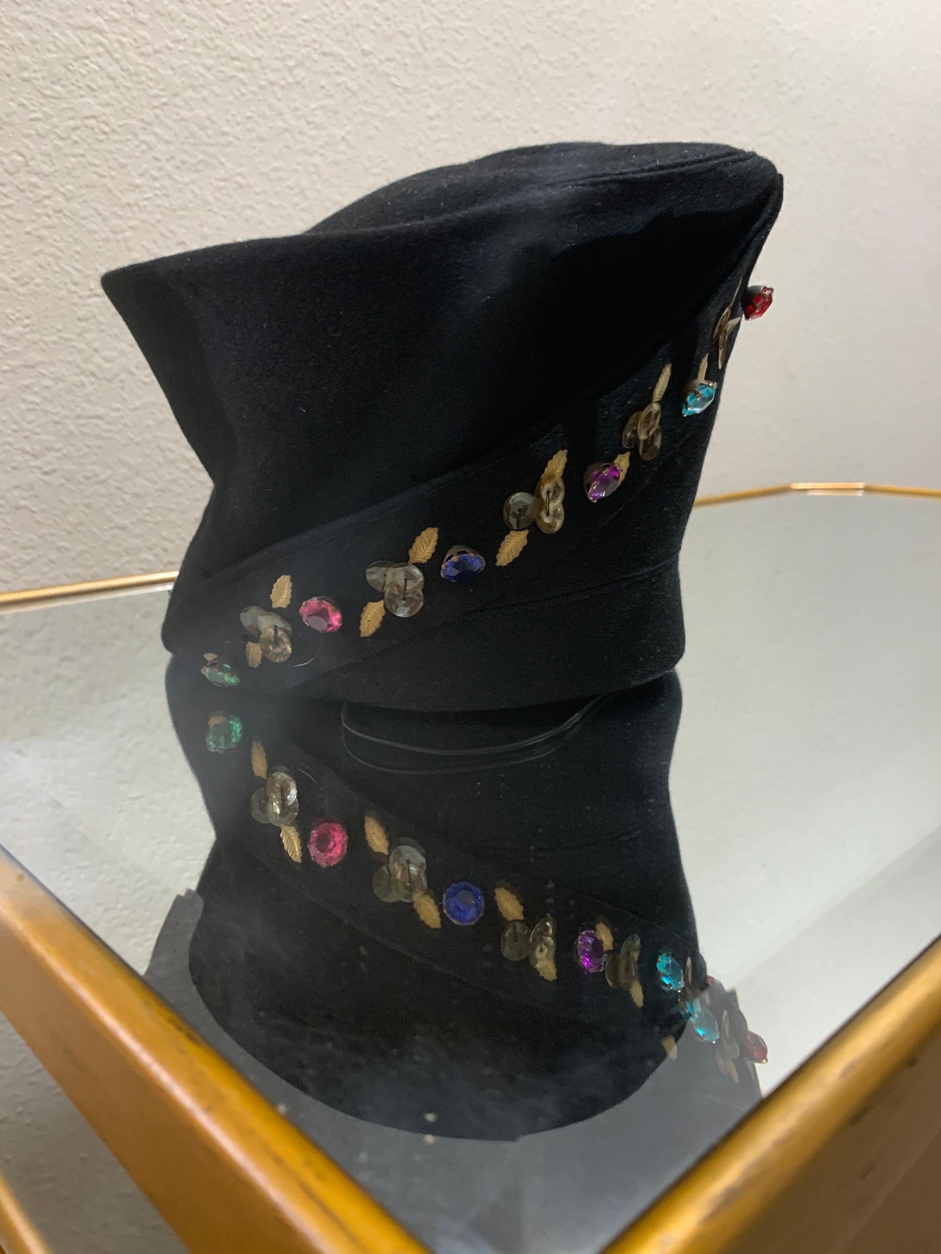 1940s Evelyn Varon Tall Black Toque-Style Hat & Scarf Set w Jeweled Detailing For Sale 9