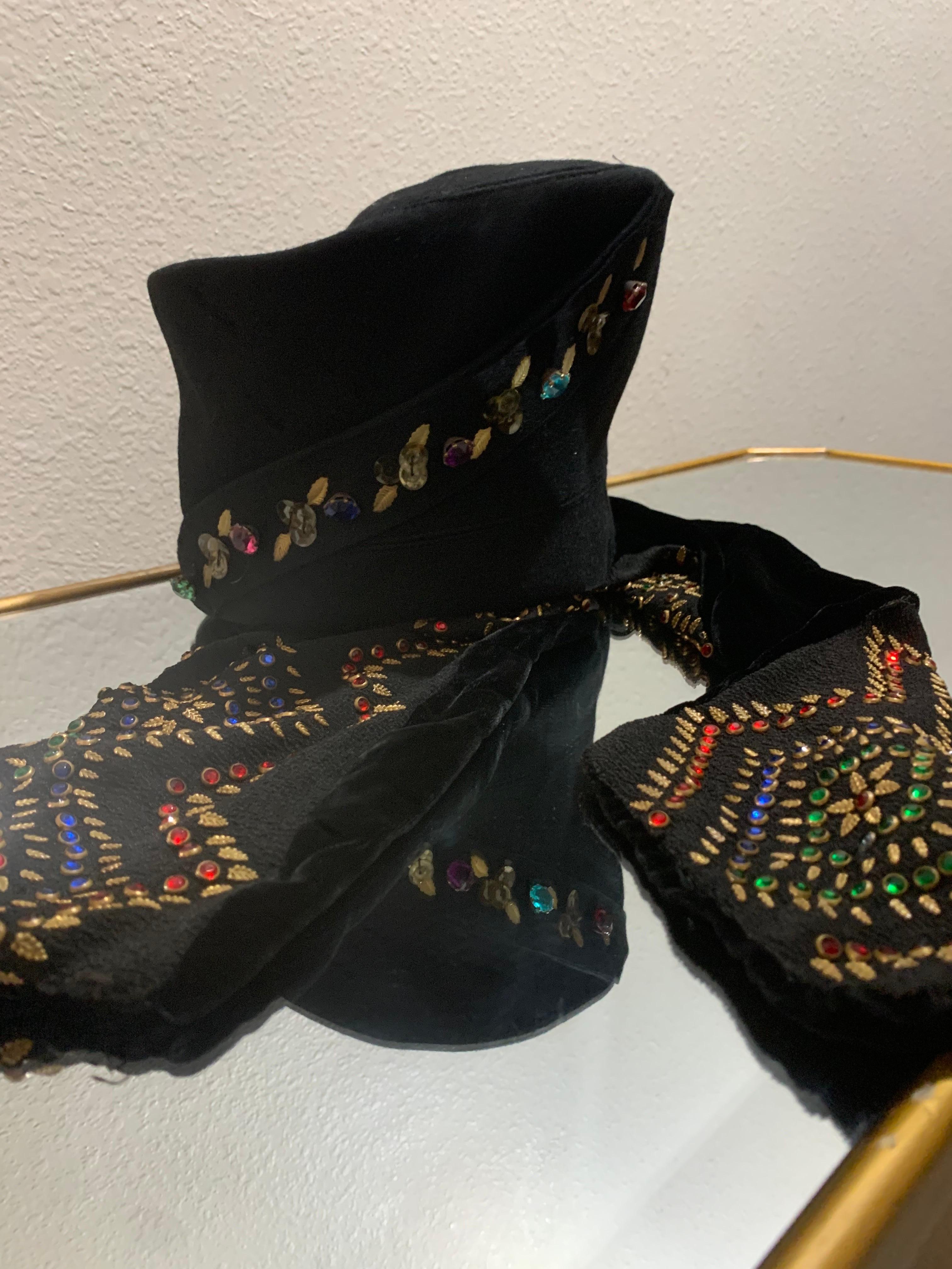 1940s Evelyn Varon Tall Black Toque-Style Hat & Scarf Set w Jeweled Detailing For Sale 11