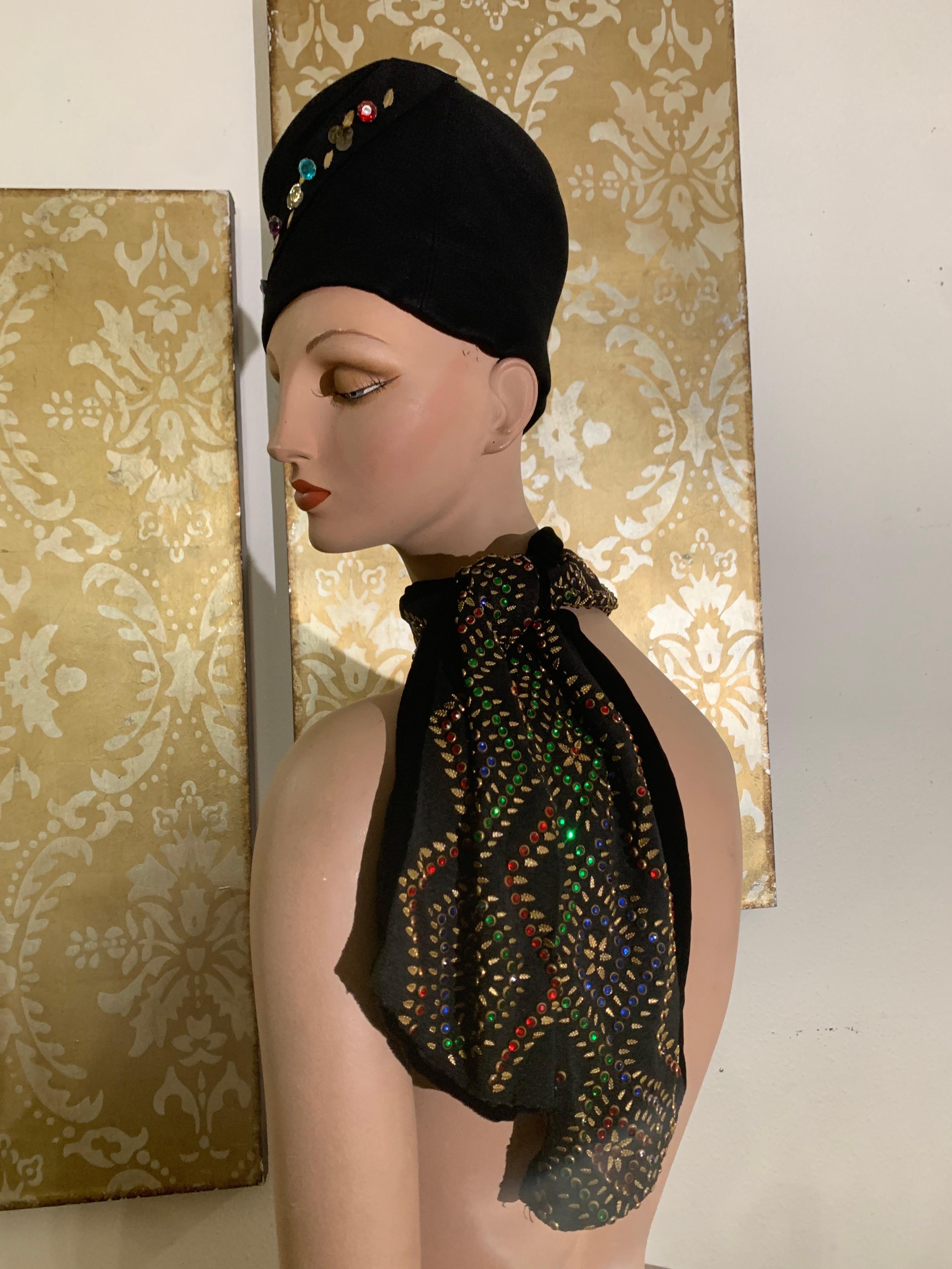 1940s Evelyn Varon Tall Black Toque-Style Hat & Scarf Set w Jeweled Detailing:  This is a stunningly iconic 1940s Hollywood look by a well-known milliner!  Includes a coordinating rhinestone studded scarf in a multitude of jewel tones with studs and