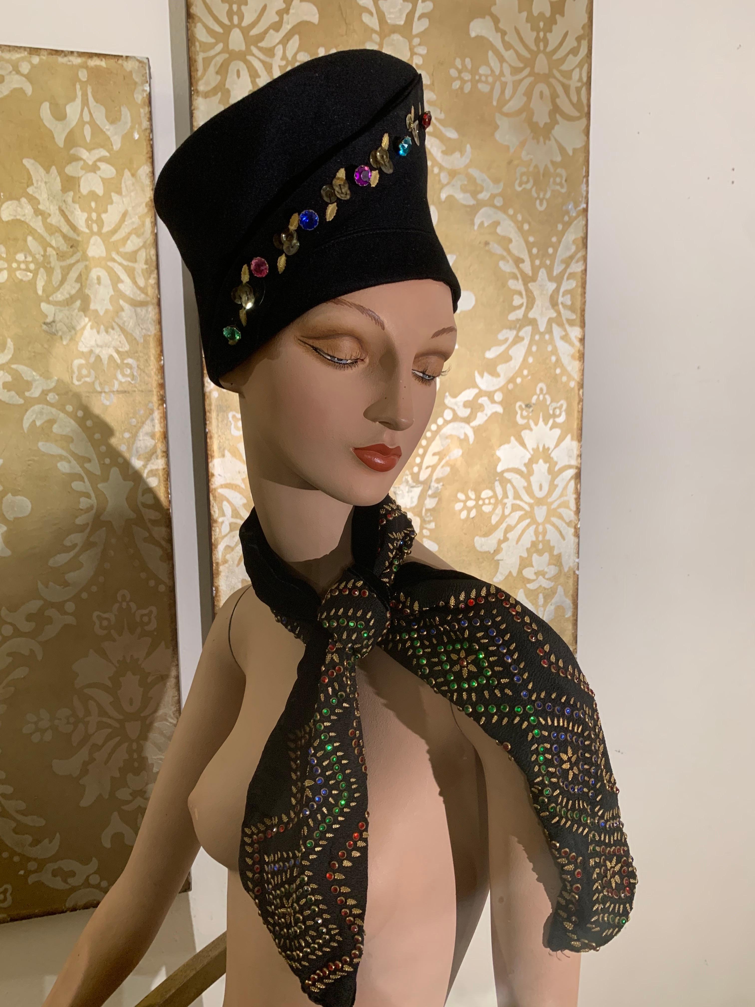 1940s Evelyn Varon Tall Black Toque-Style Hat & Scarf Set w Jeweled Detailing In Excellent Condition For Sale In Gresham, OR