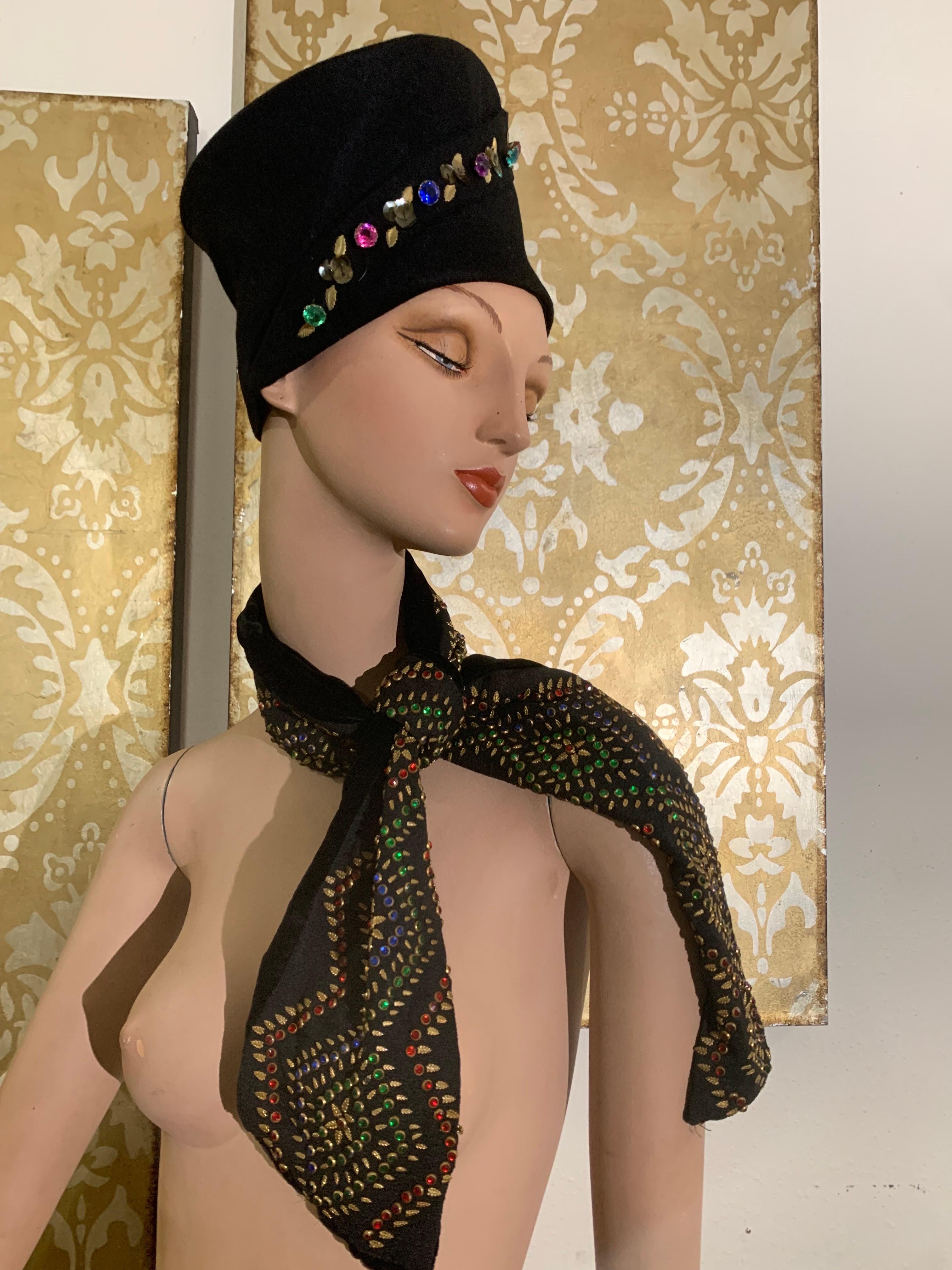 Women's 1940s Evelyn Varon Tall Black Toque-Style Hat & Scarf Set w Jeweled Detailing For Sale