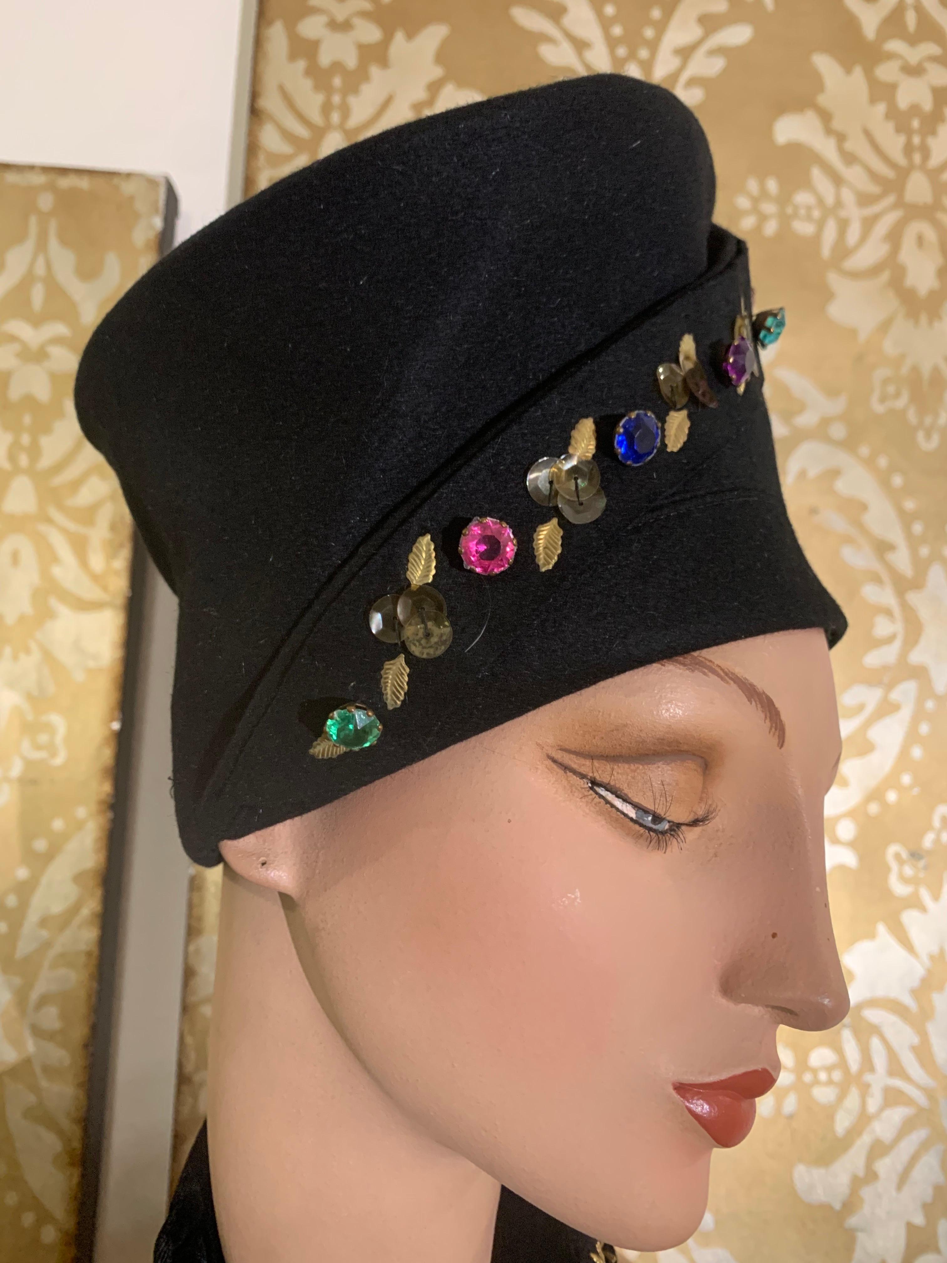 1940s Evelyn Varon Tall Black Toque-Style Hat & Scarf Set w Jeweled Detailing For Sale 1