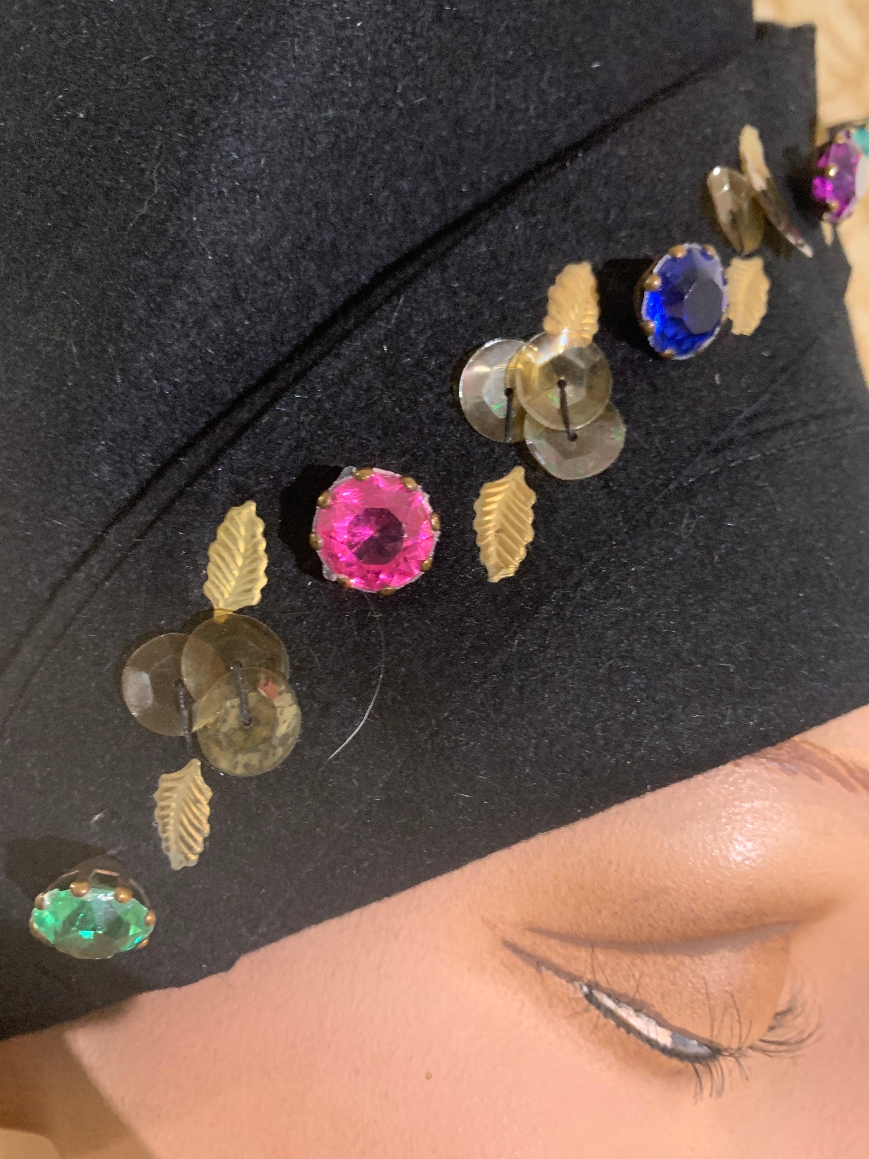 1940s Evelyn Varon Tall Black Toque-Style Hat & Scarf Set w Jeweled Detailing For Sale 2