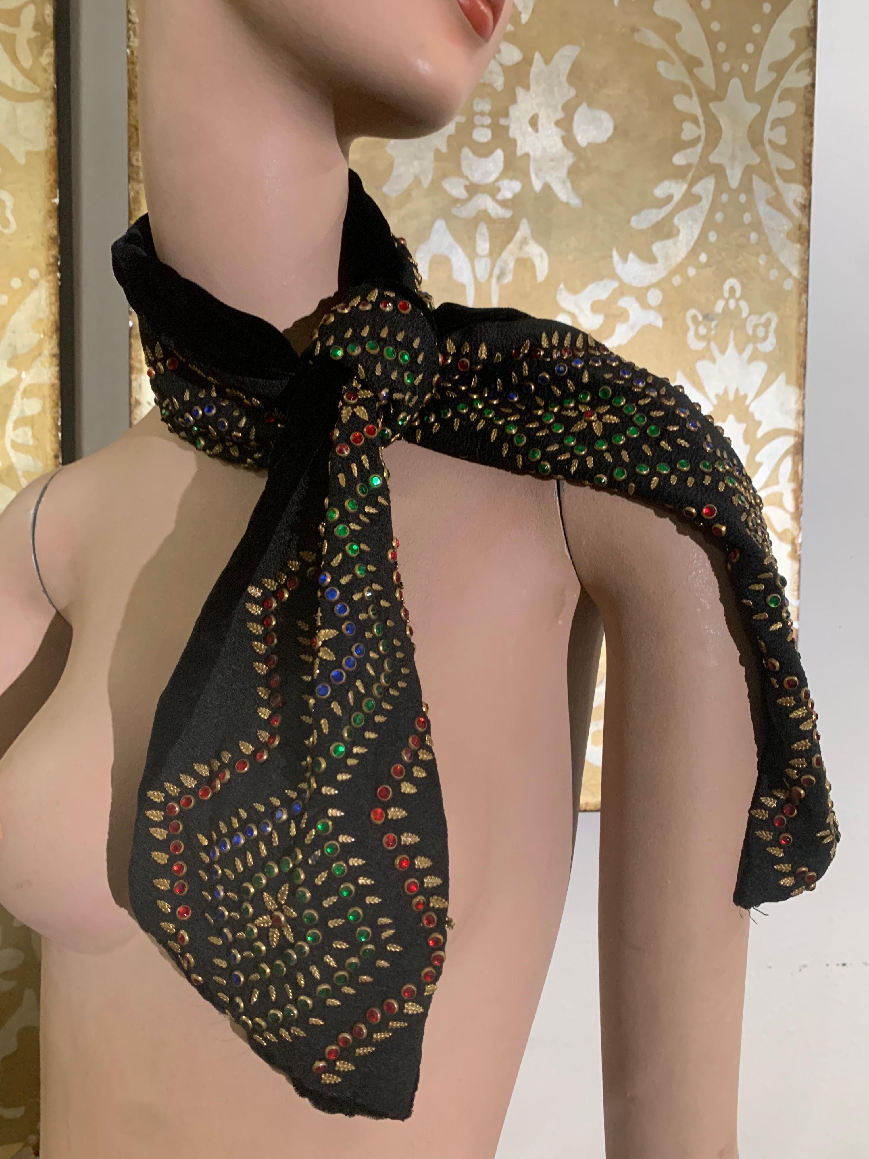 1940s Evelyn Varon Tall Black Toque-Style Hat & Scarf Set w Jeweled Detailing For Sale 3