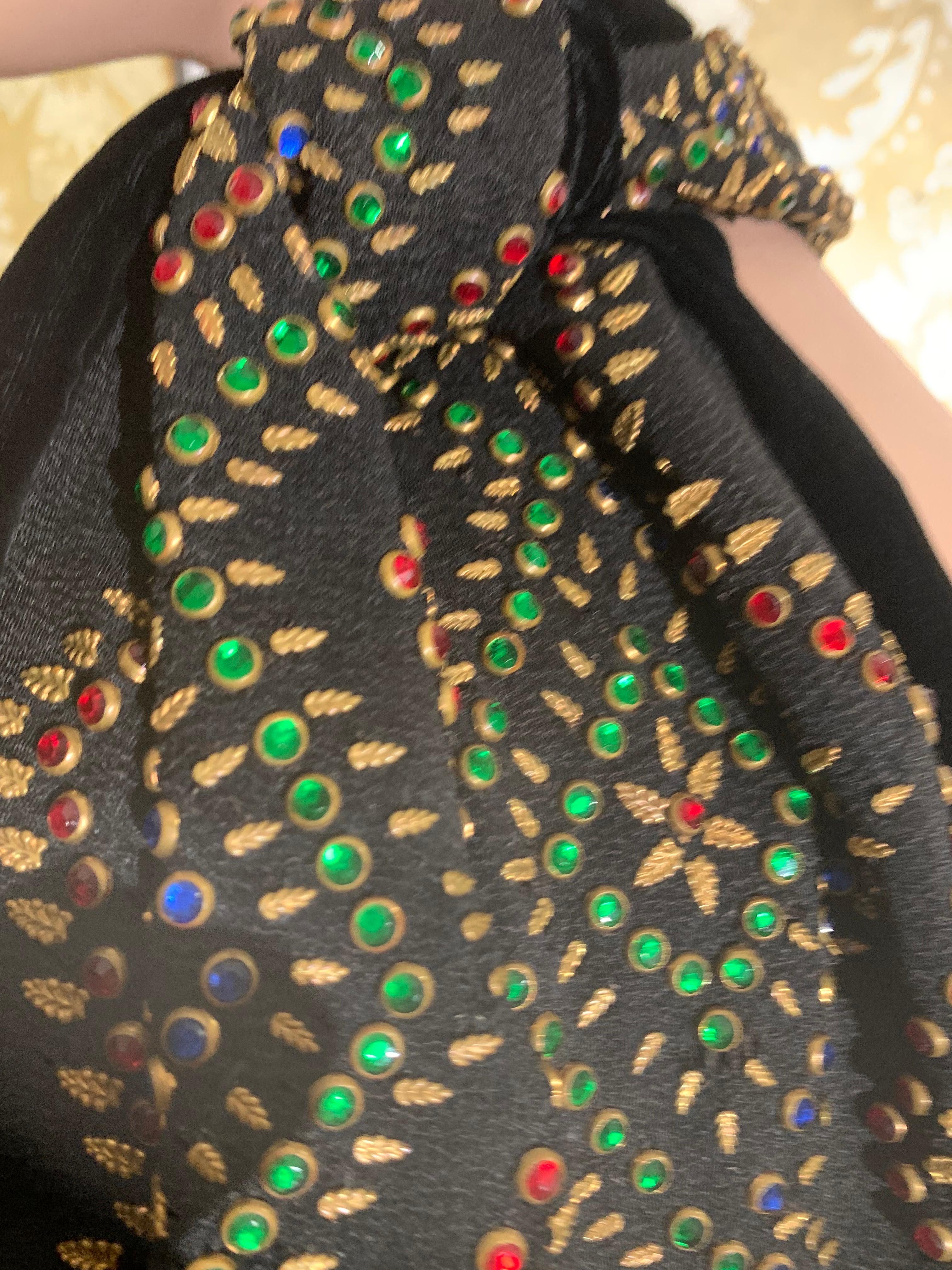 1940s Evelyn Varon Tall Black Toque-Style Hat & Scarf Set w Jeweled Detailing For Sale 4