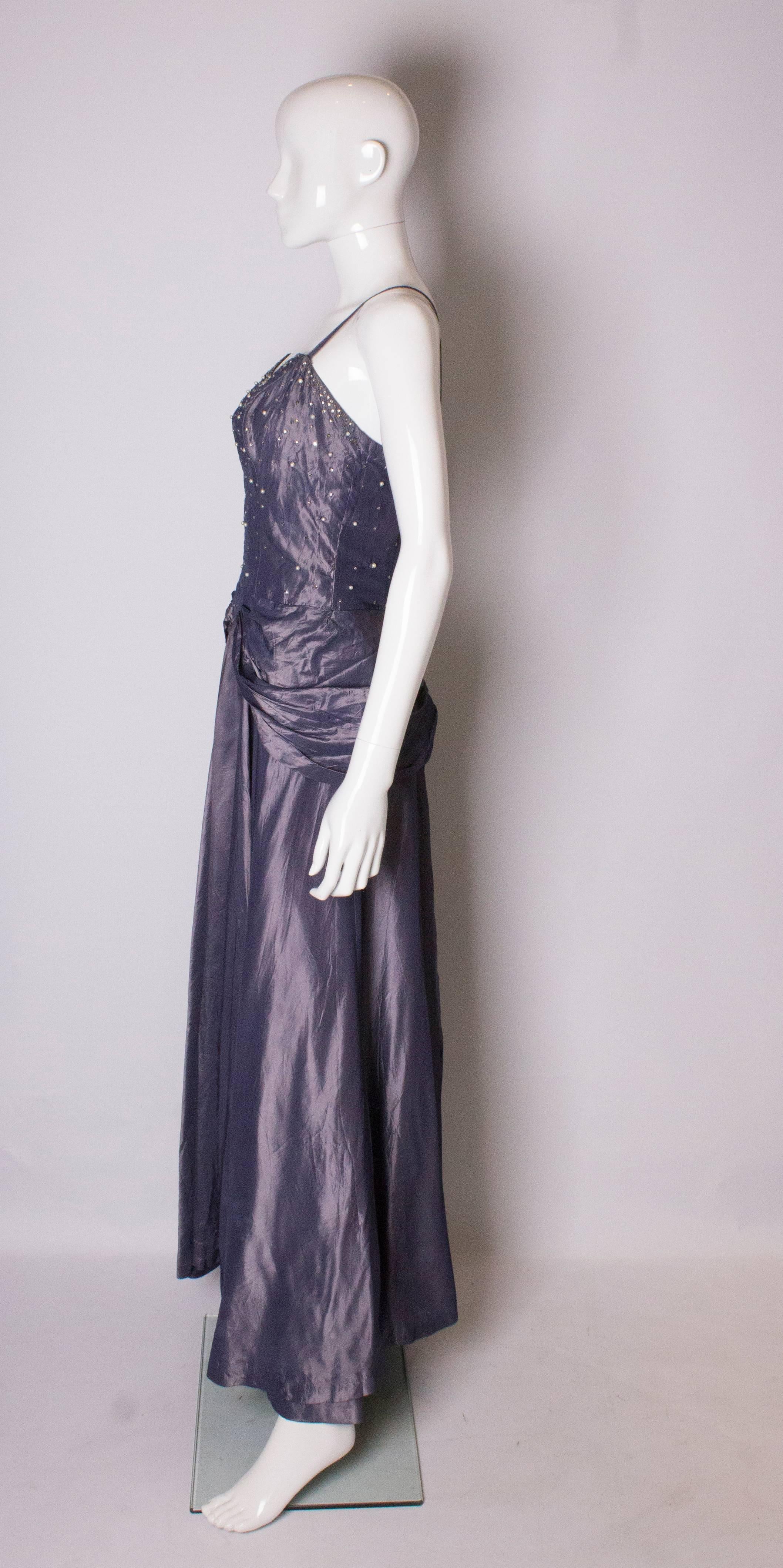 A vintage 1940s lilac satin and diamante Robert Goldberg Evening Gown 1