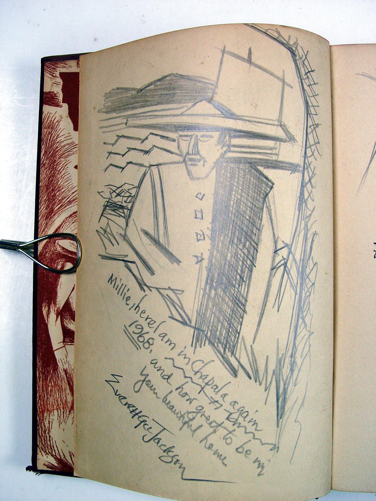 Two original drawings circa 1940's in pencil by Everett Gee Jackson (1900-1995) California in the book Mexico Around Me by Max Miller which he illustrated. Inscribed to Millie and Joe, signed by the artist. Book is red cloth binding, with some