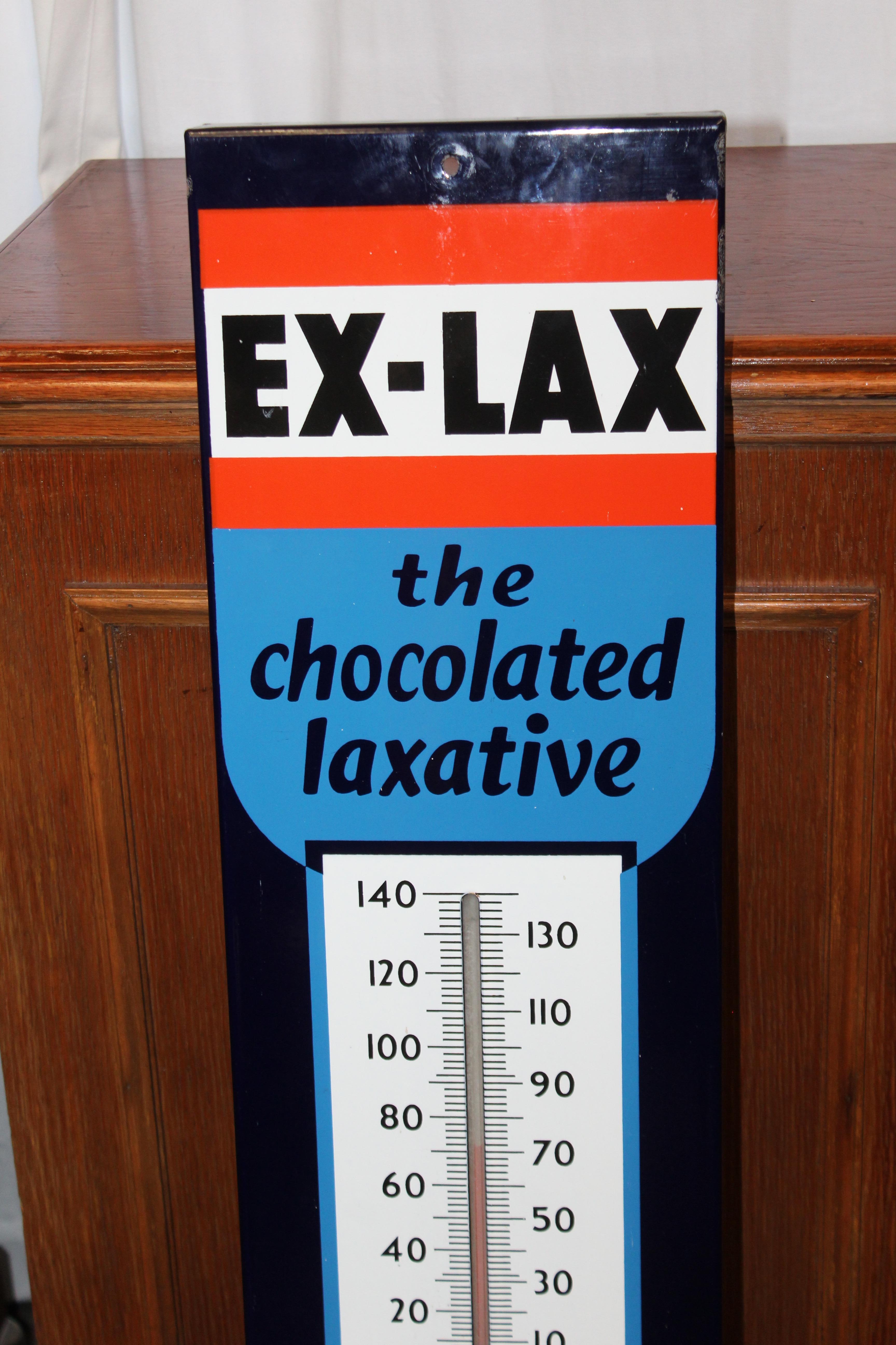 The Ex-Lax company was founded in 1906. This laxative was very popular because it tasted like chocolate, and this made it easier for children to take a laxative without a fight. The sign is made on porcelain and the colors are still bright.