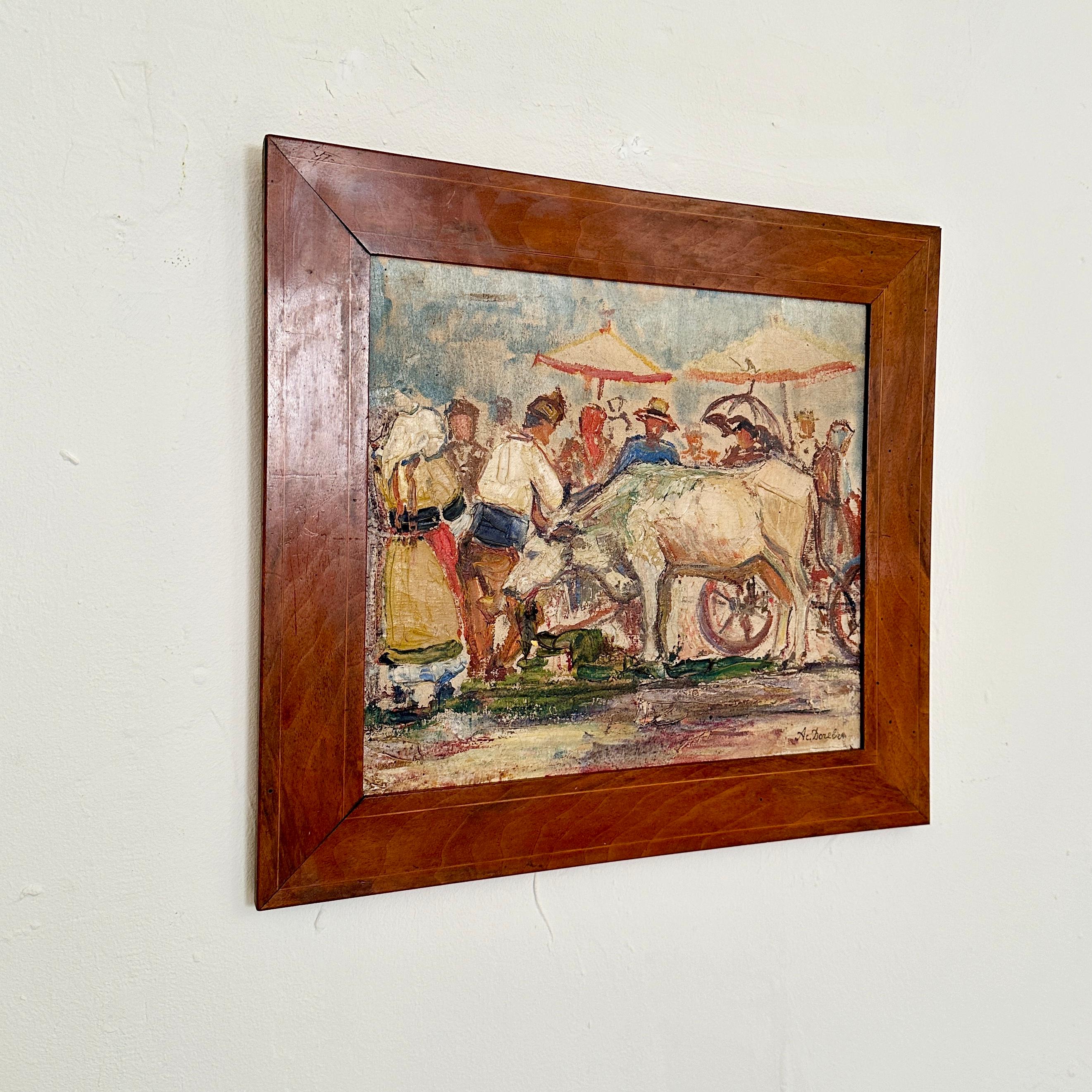 Step into the rustic charm of a bygone era with this captivating 1940s Expressionist French oil painting. Skillfully depicting a vibrant farmer's market scene, the canvas comes alive with the energy of bustling activity. A majestic cow anchors the