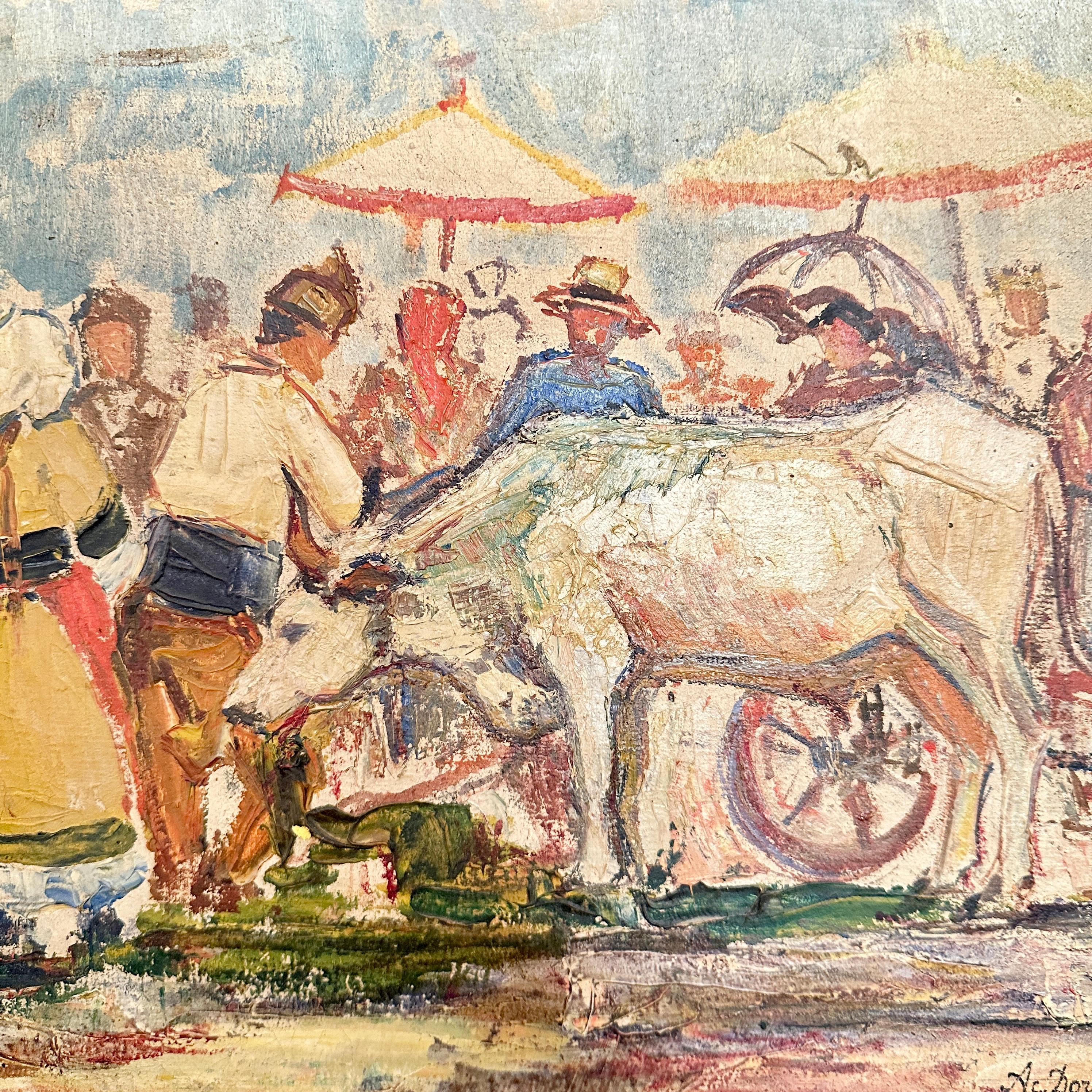 Expressionistisches französisches Ölgemälde aus den 1940er Jahren in einem Biedermeier-Nussbaumrahmen (Expressionismus) im Angebot