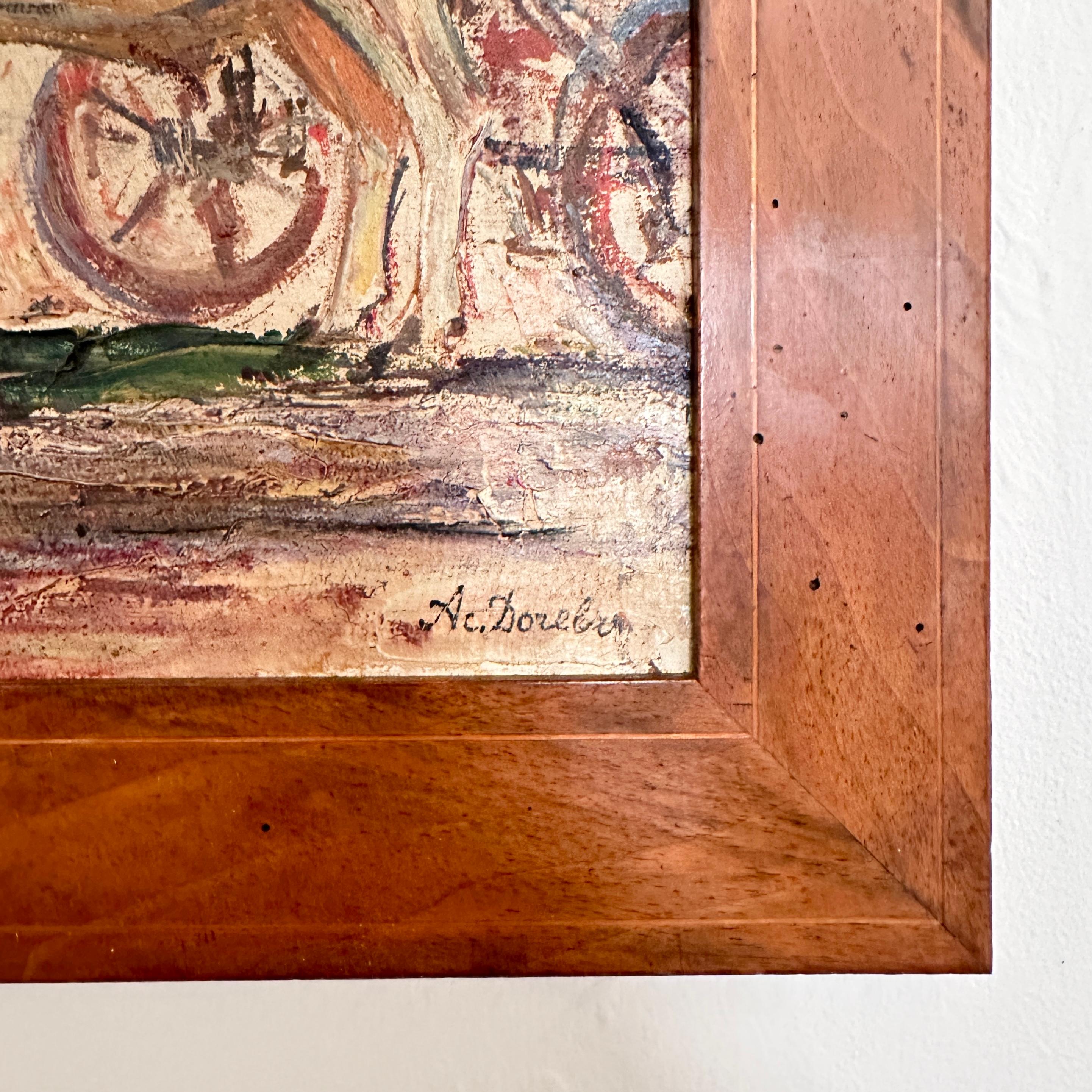 Mid-20th Century 1940s Expressionist French Oil Painting in a Biedermeier Walnut Frame For Sale