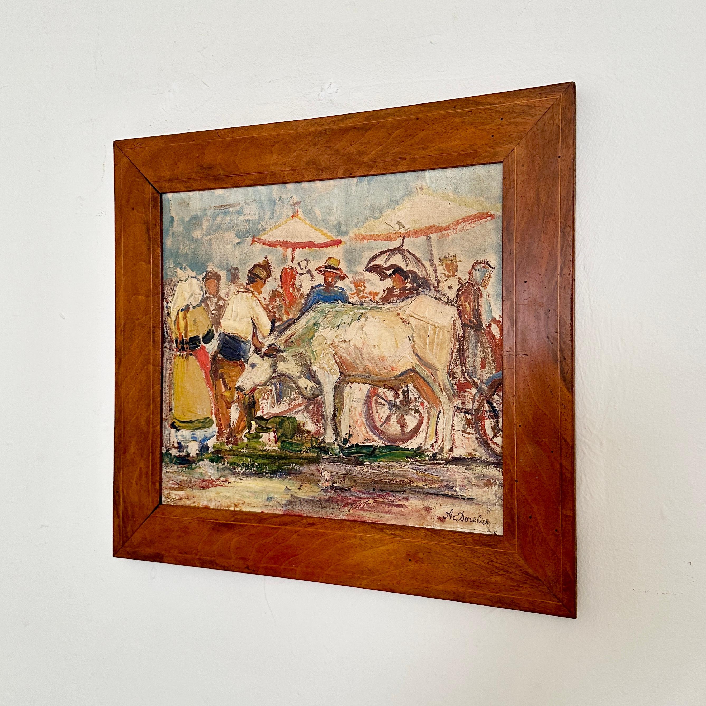 1940s Expressionist French Oil Painting in a Biedermeier Walnut Frame For Sale 4