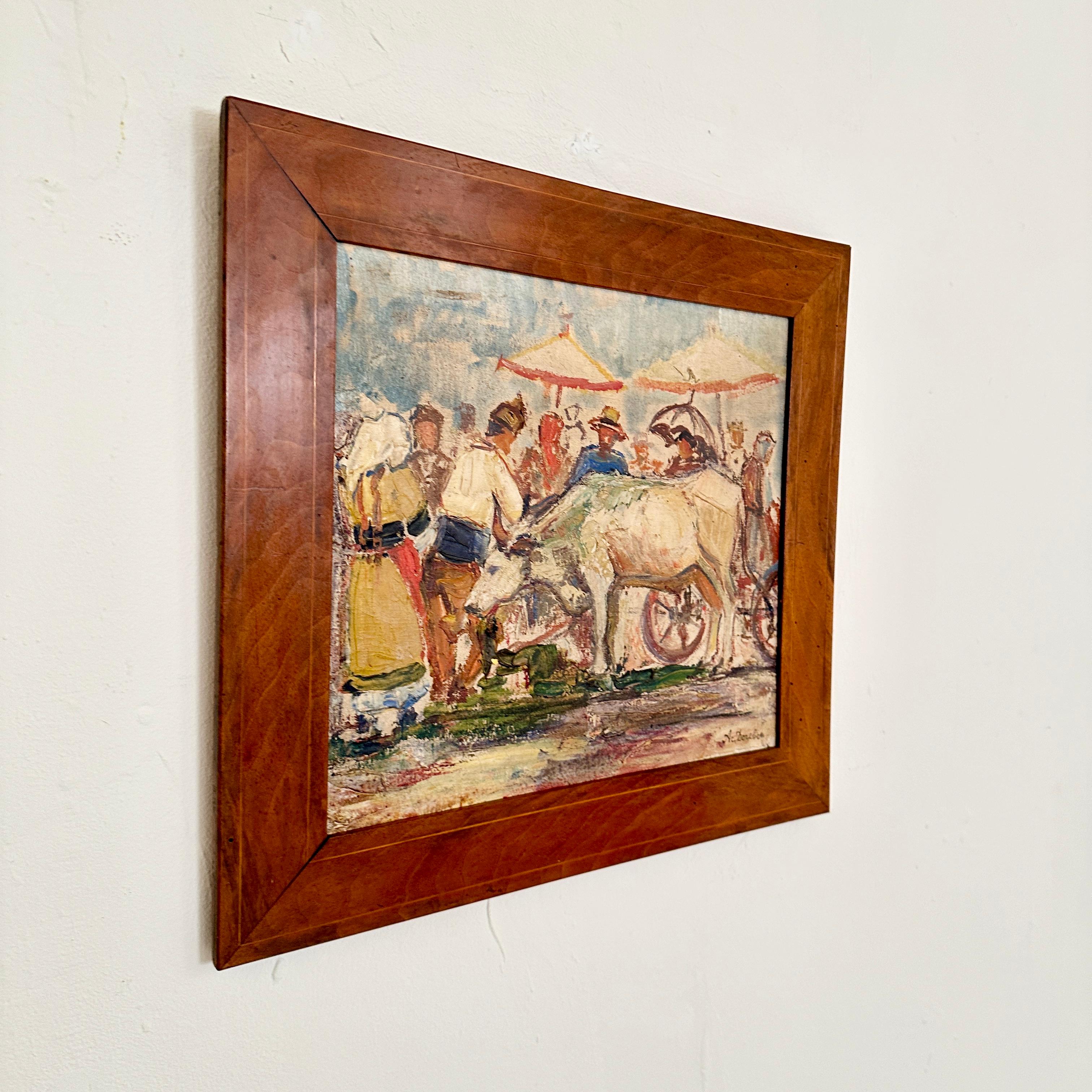 1940s Expressionist French Oil Painting in a Biedermeier Walnut Frame For Sale 5