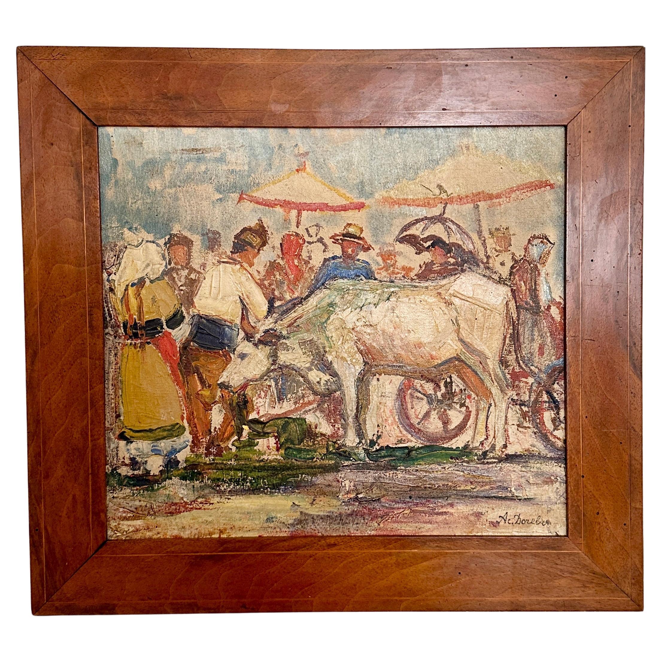 1940s Expressionist French Oil Painting in a Biedermeier Walnut Frame For Sale