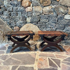 1940s Fabulous Leather Miguelito Stools Hand Forged Iron Spanish Colonial Mexico