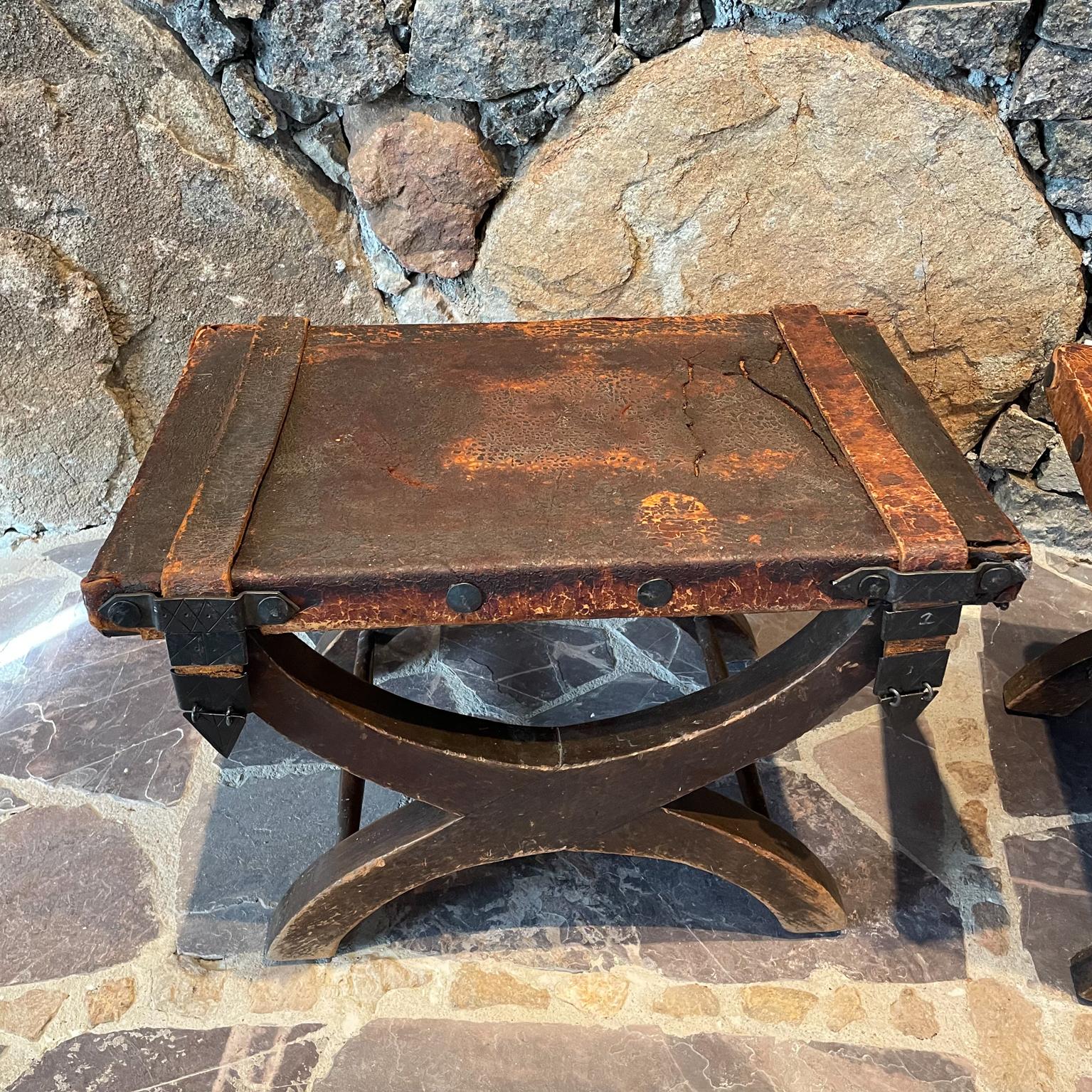 1940s Fabulous Leather Miguelito Stools Hand Forged Iron Spanish Colonial Mexico In Good Condition In Chula Vista, CA