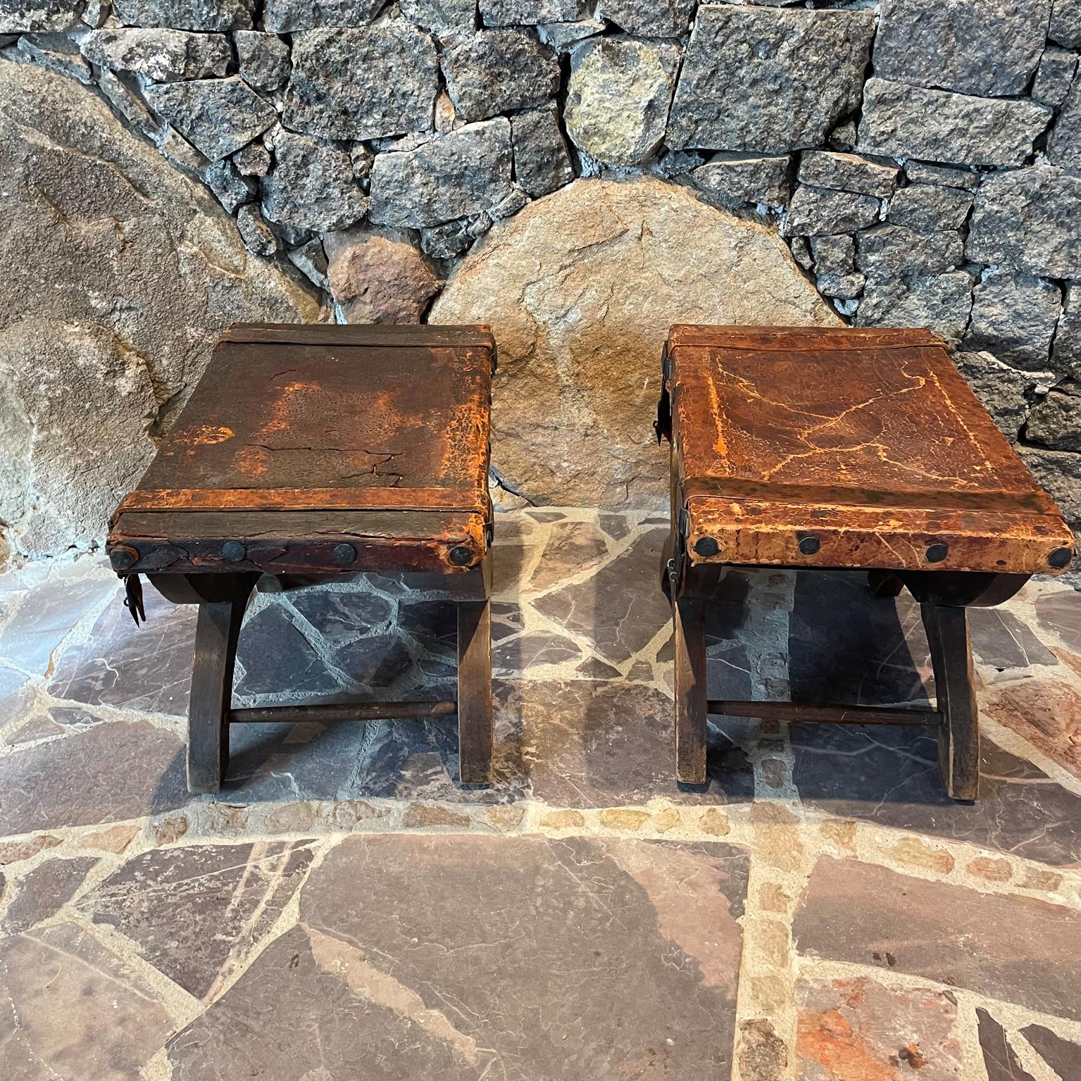 1940s Fabulous Leather Miguelito Stools Hand Forged Iron Spanish Colonial Mexico 3