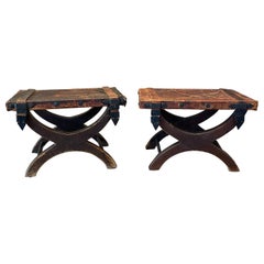 1940s Fabulous Leather Miguelito Stools Hand Forged Iron Spanish Colonial Mexico