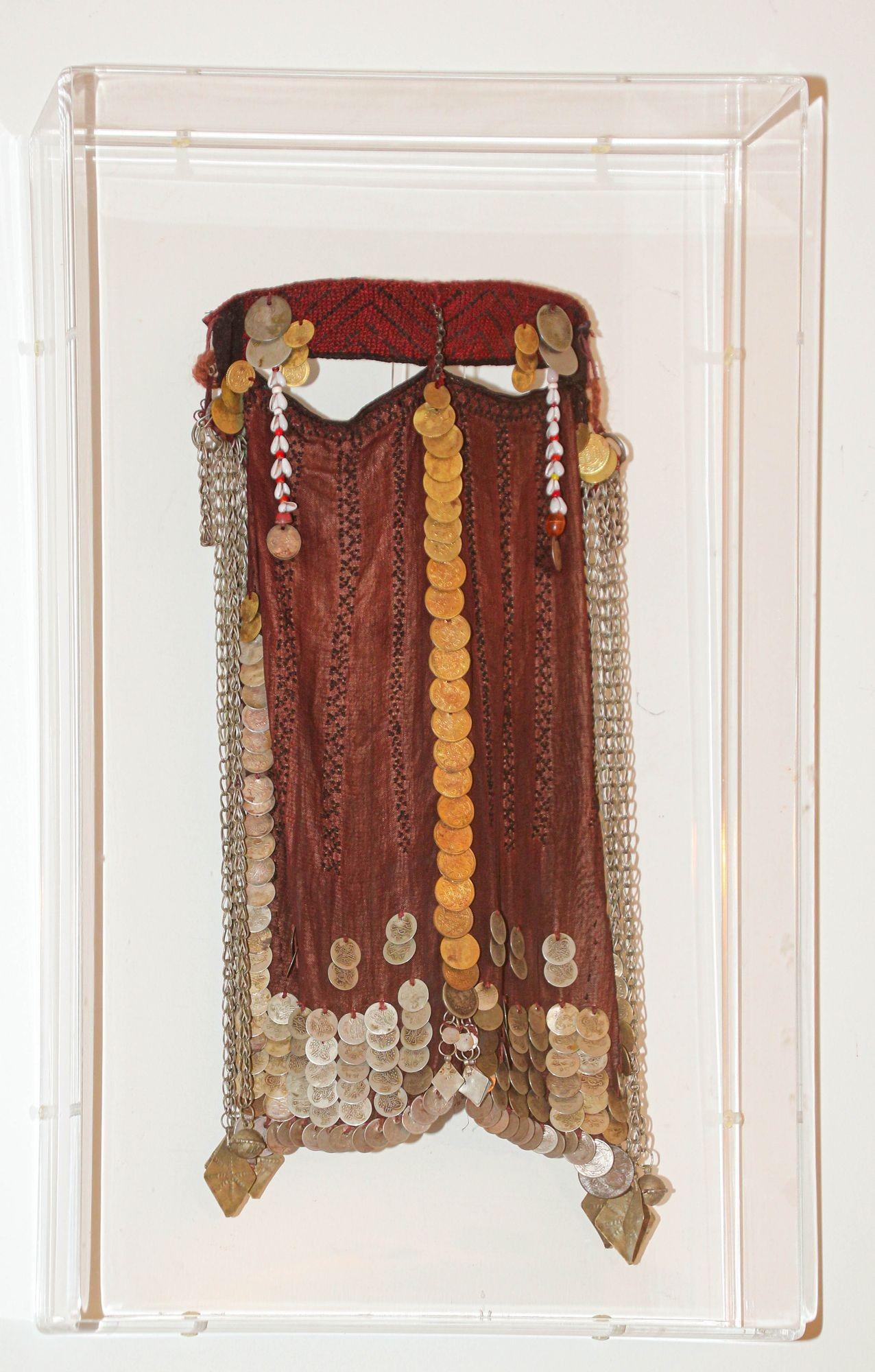 Islamic 1940s Face Veil, Sinai Bedouin Desert Garment Nikab Framed Collectible For Sale