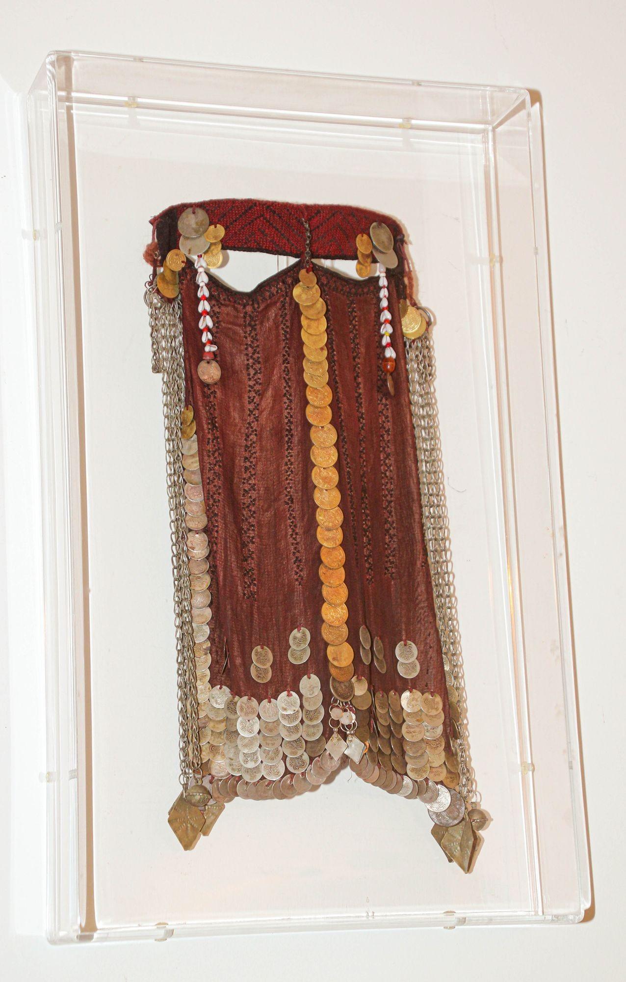 Hand-Crafted 1940s Face Veil, Sinai Bedouin Desert Garment Nikab Framed Collectible For Sale