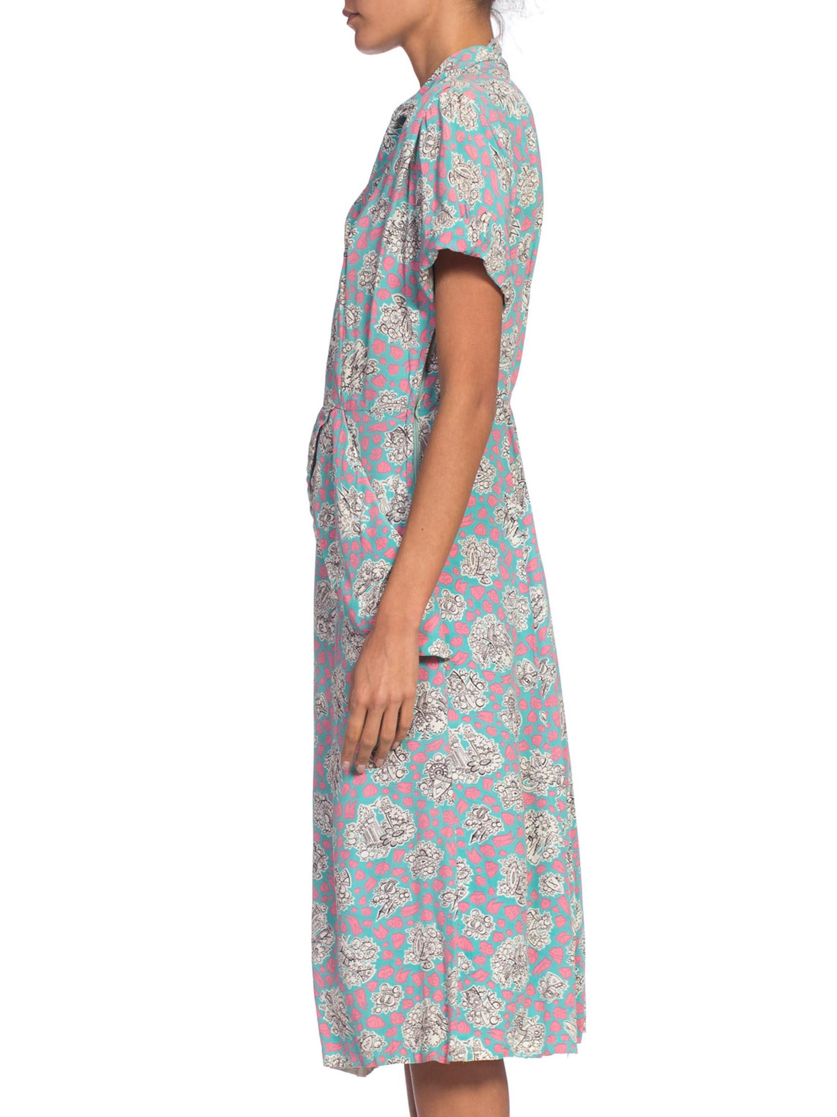 Gray 1940S Pink & Blue Rayon Princess Castle Fantasy Print Dress