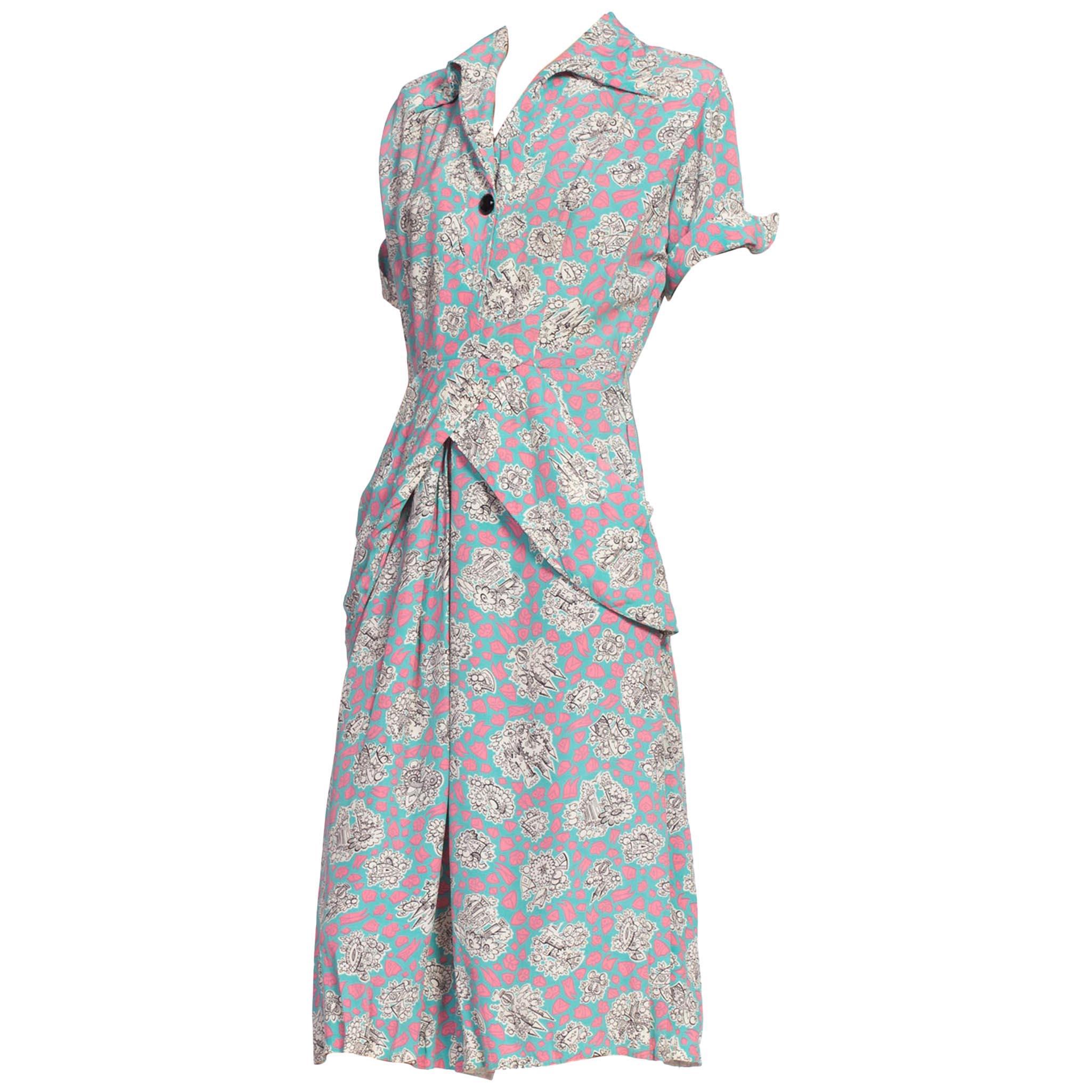 1940S Pink & Blue Rayon Princess Castle Fantasy Print Dress