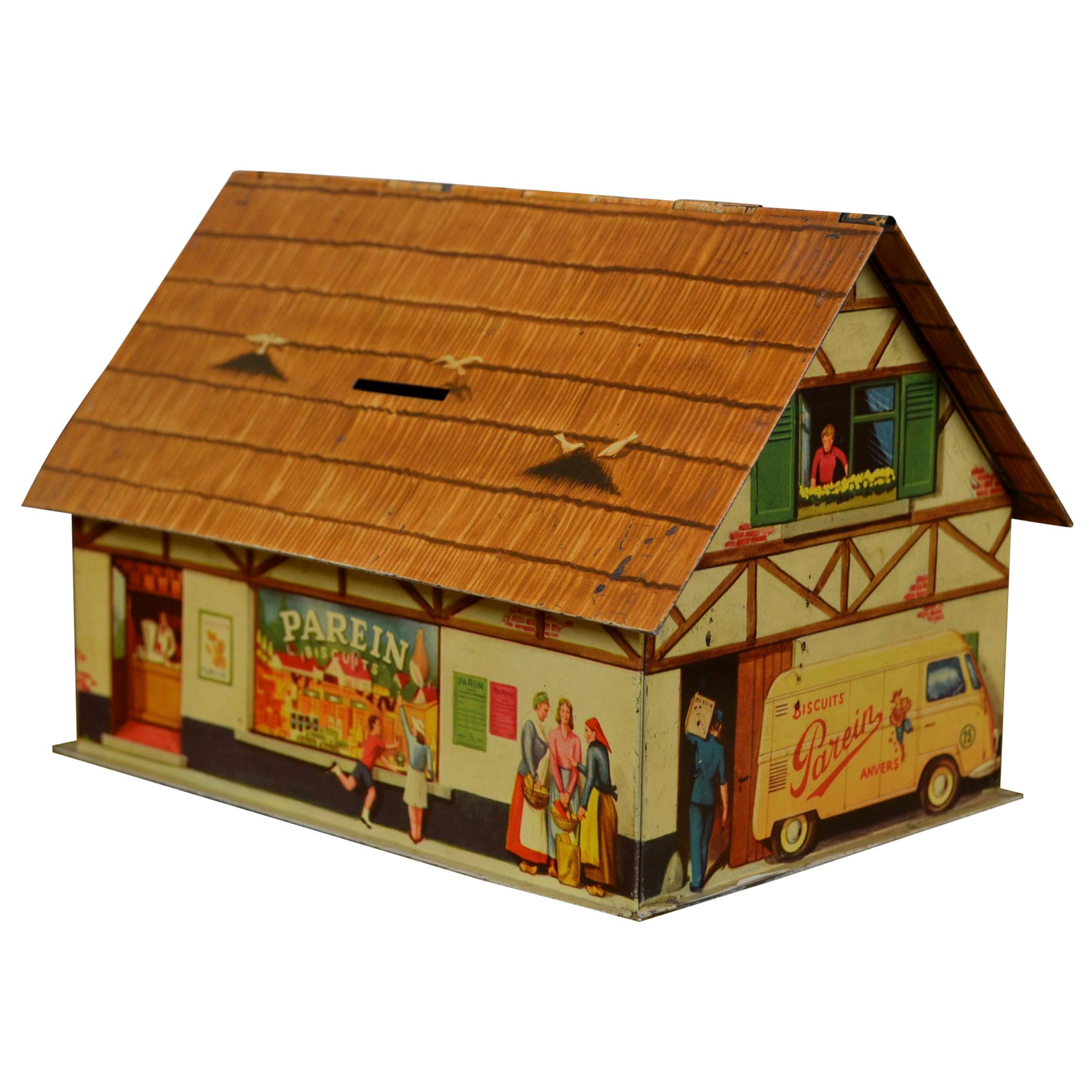 1940s Farmhouse Biscuit Tin, Moneybox for Parein Biscuits, Belgium