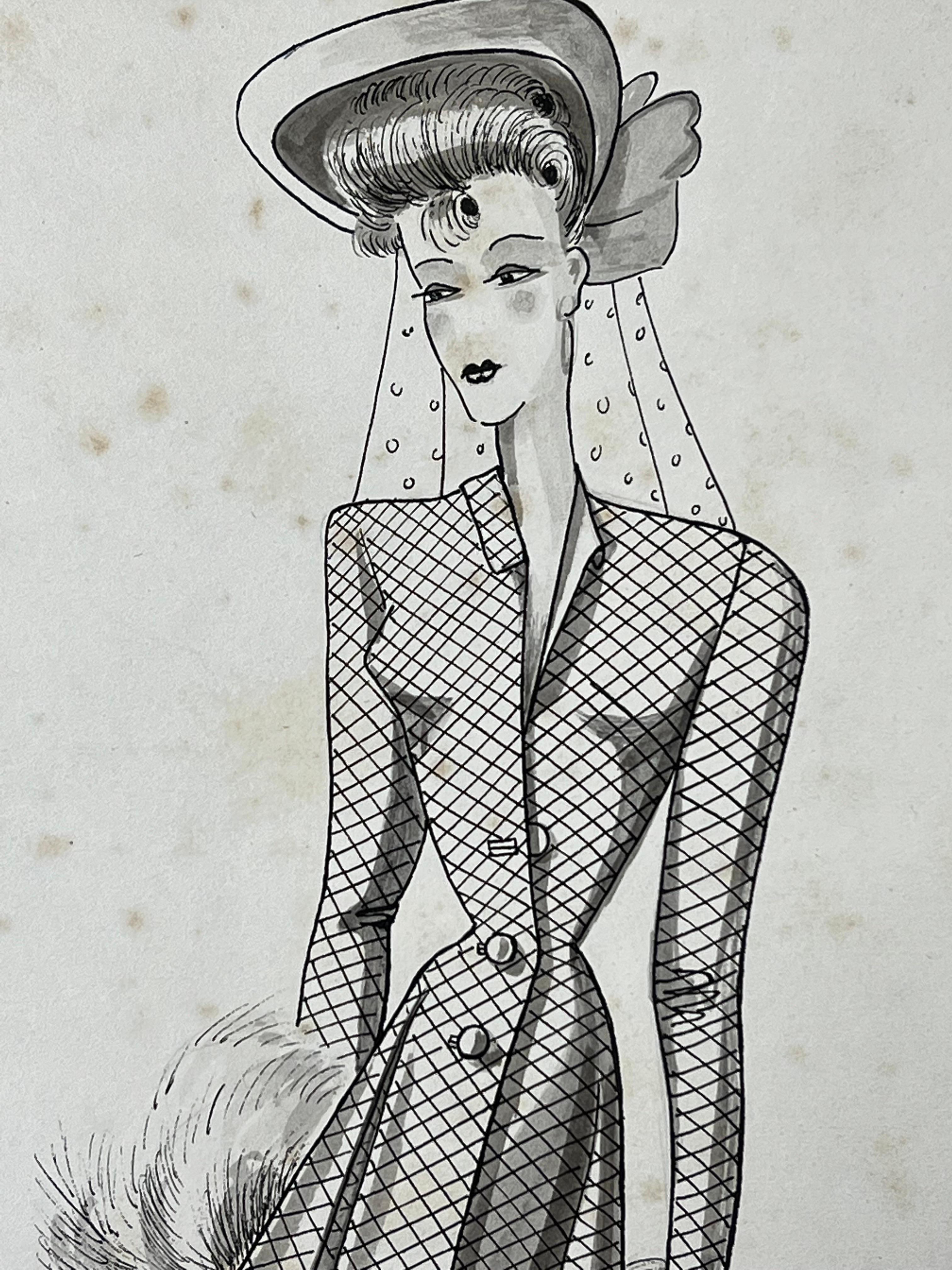 Very stylish, unique and original 1940's fashion design by French illustrator Geneviève Thomas.

The painting, executed in gouache and pencil.

The sketch is original, vintage and measures unframed 10 x 8 inches. It will make wonderful interior
