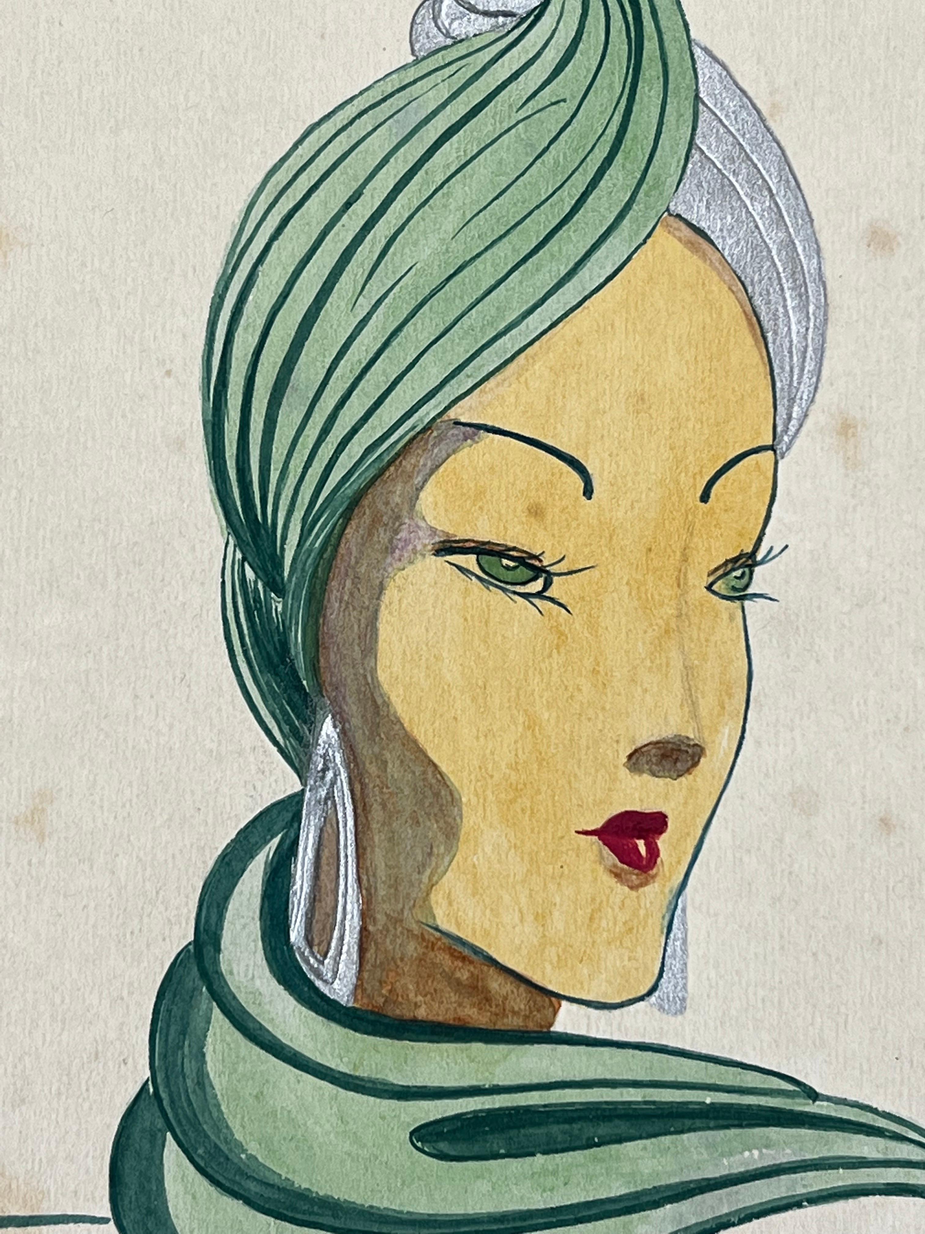 1940er Jahre Mode Illustration, Dame mit schönem grünem Kopf Schal im Zustand „Gut“ im Angebot in Cirencester, GB