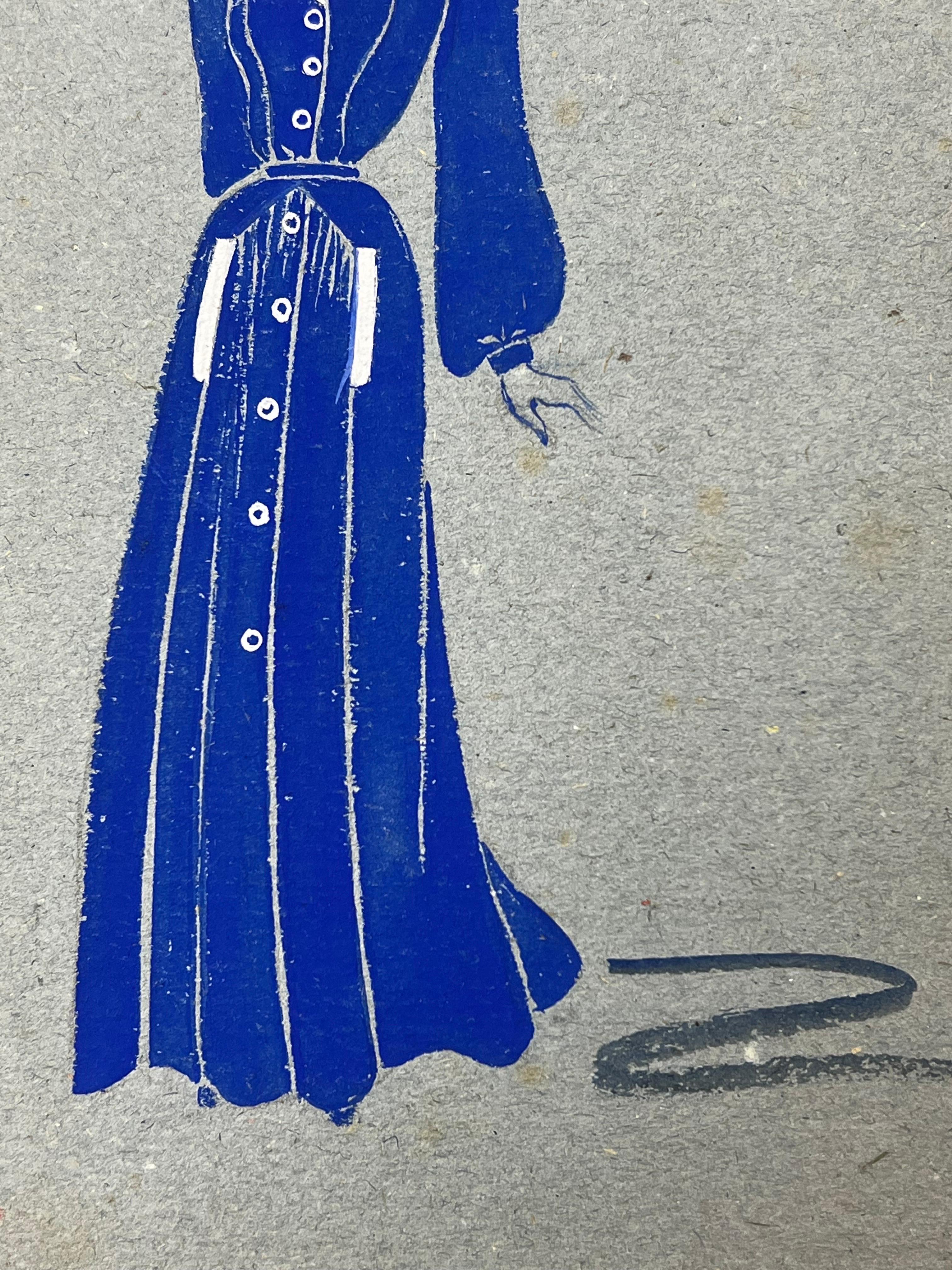 1940's Fashion Illustration, Lady in Blue Dress In Good Condition For Sale In Cirencester, GB